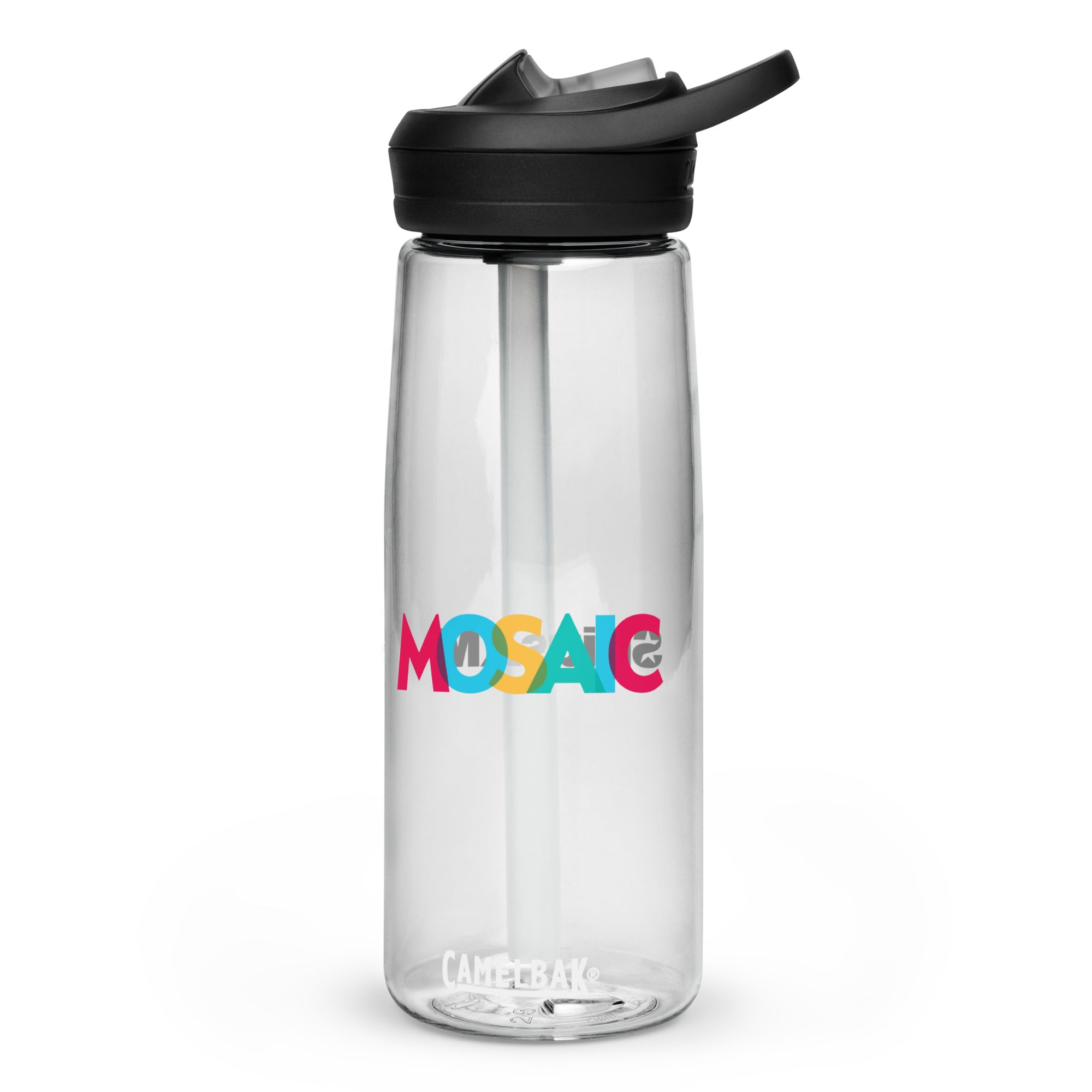 Clear water bottle with a colorful 'MOSAIC' design and a black lid and straw.