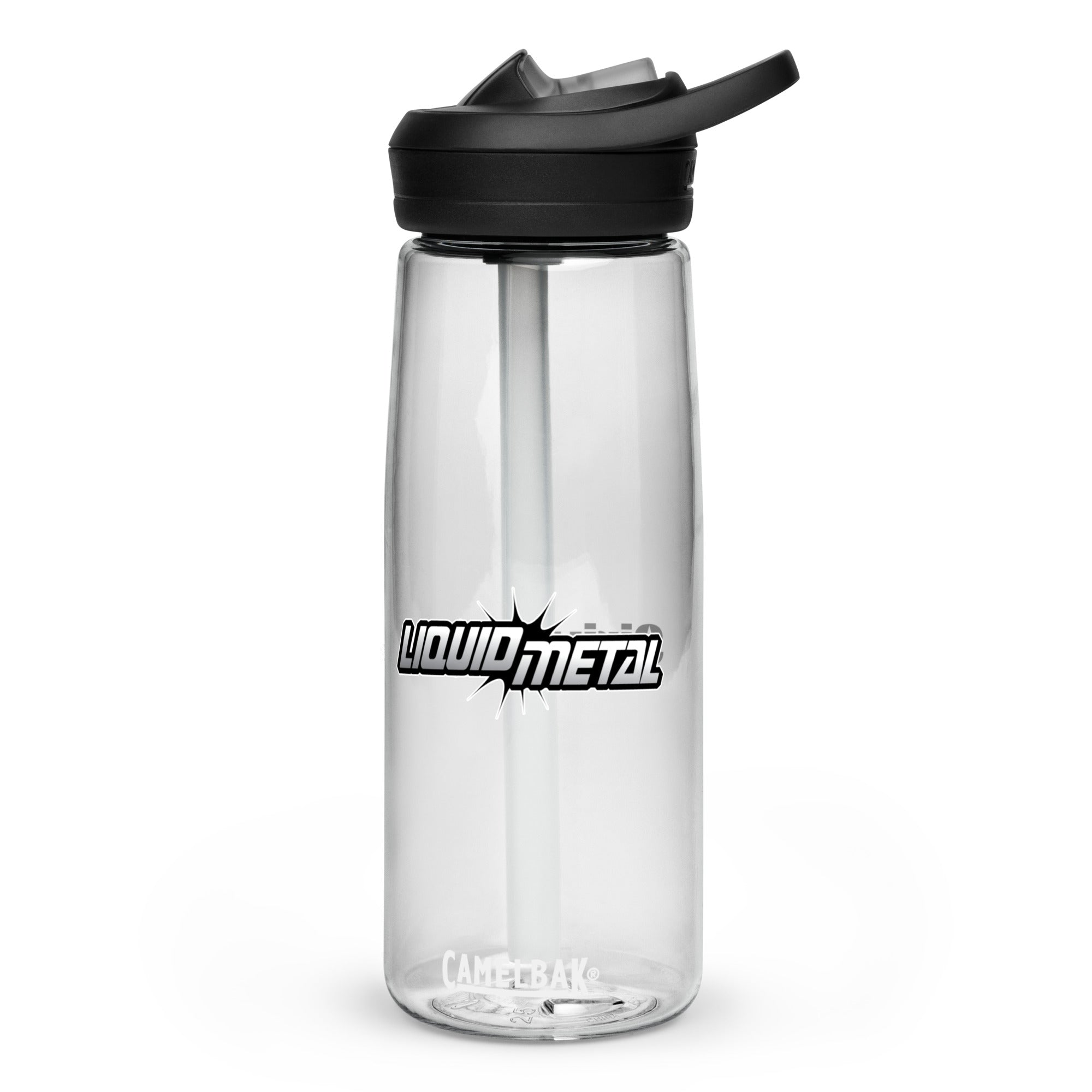 Clear water bottle with a black lid and a straw, featuring the 'Liquid Metal' logo.