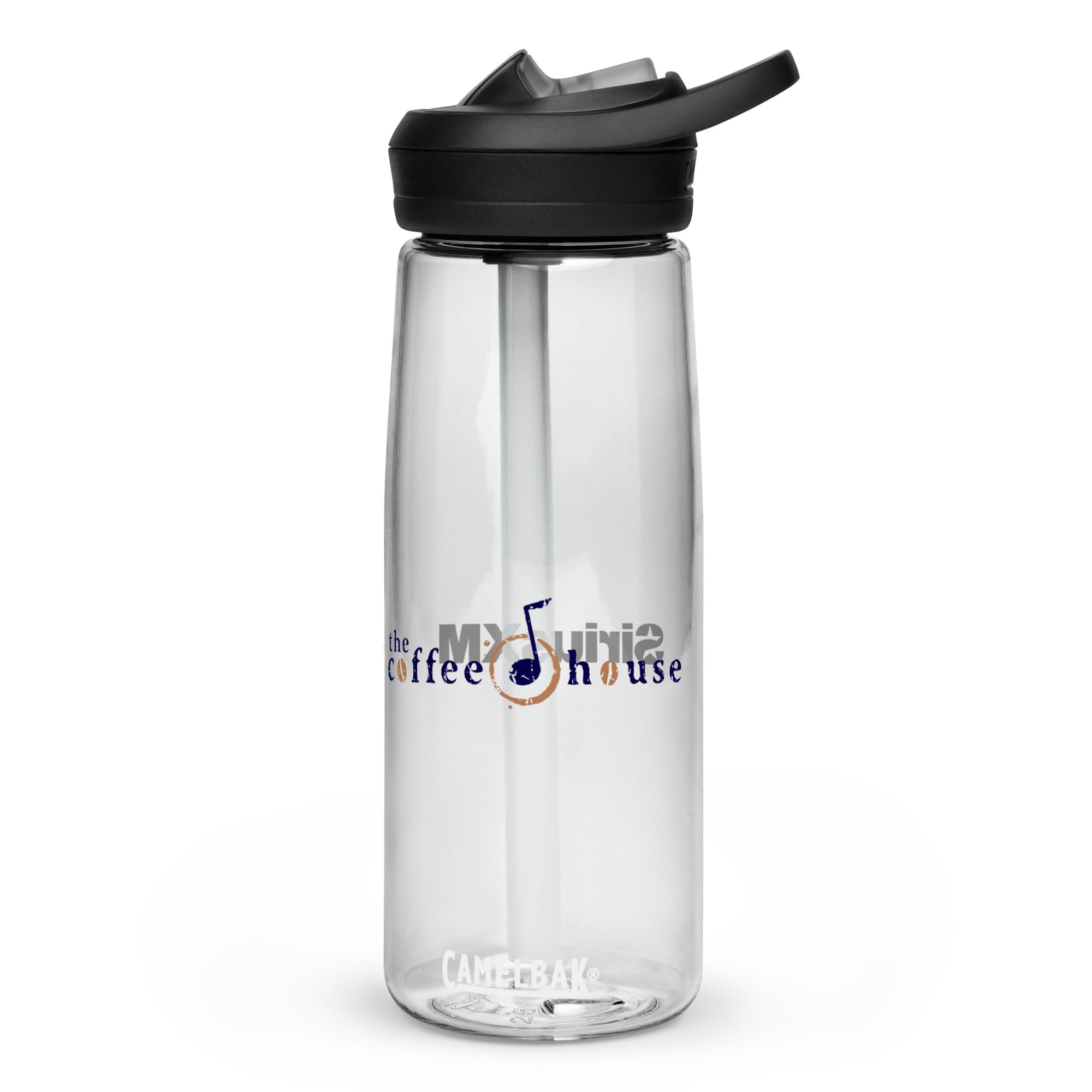 Clear water bottle with a black lid and straw, featuring the logo 'the coffee house' and a musical note design.