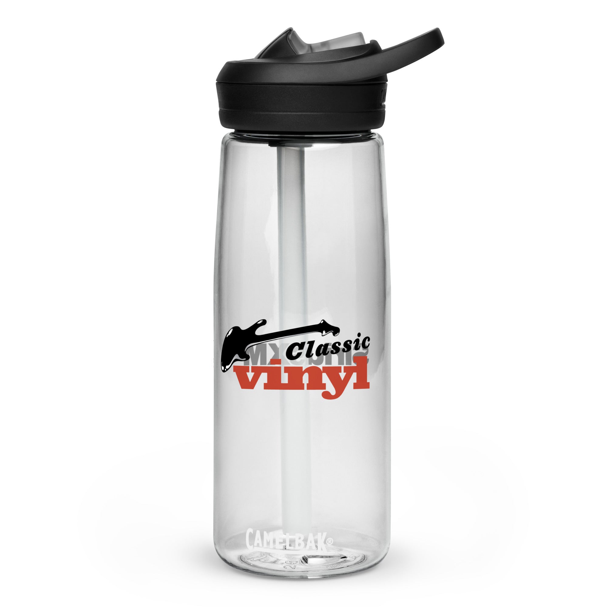 Clear water bottle with straw and black lid featuring a black guitar silhouette and the words 'Classic Vinyl.'