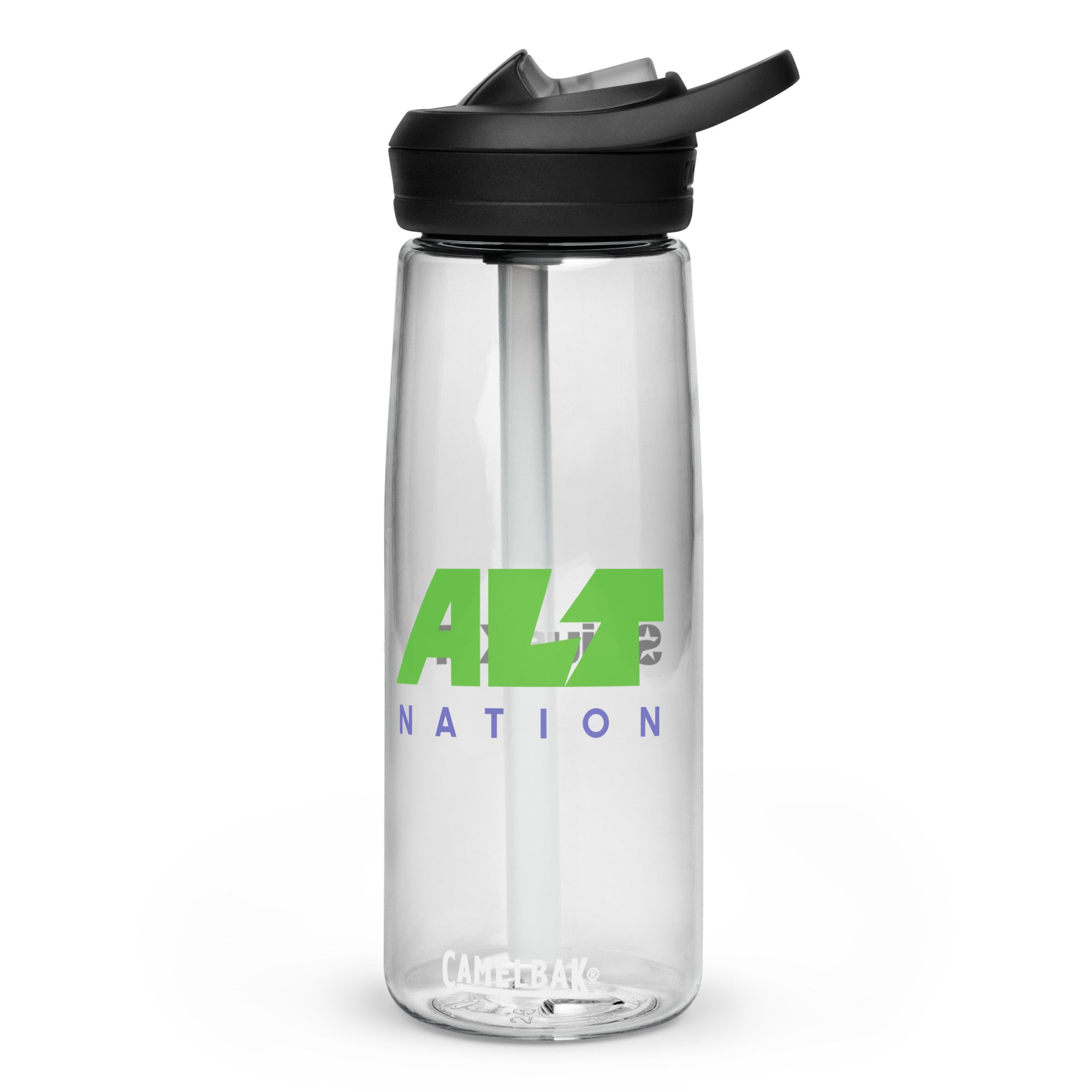 Clear water bottle with a black lid and straw, featuring the text 'ALT' NATION' logo.
