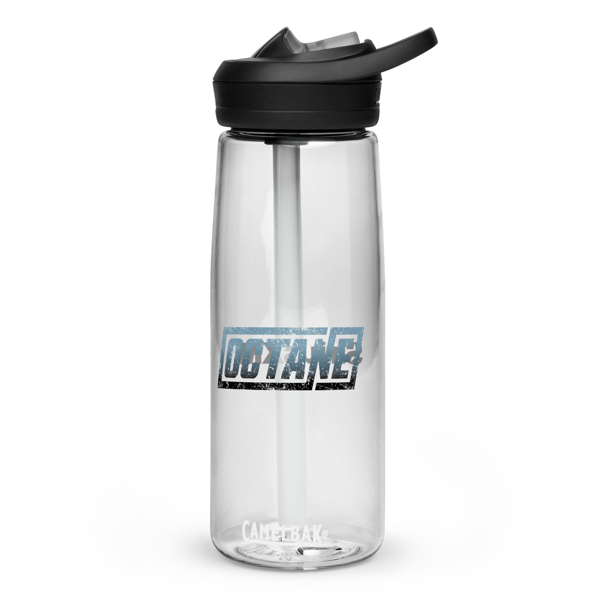 Clear water bottle with a 'OCTANE' logo and a black lid with a built-in straw.