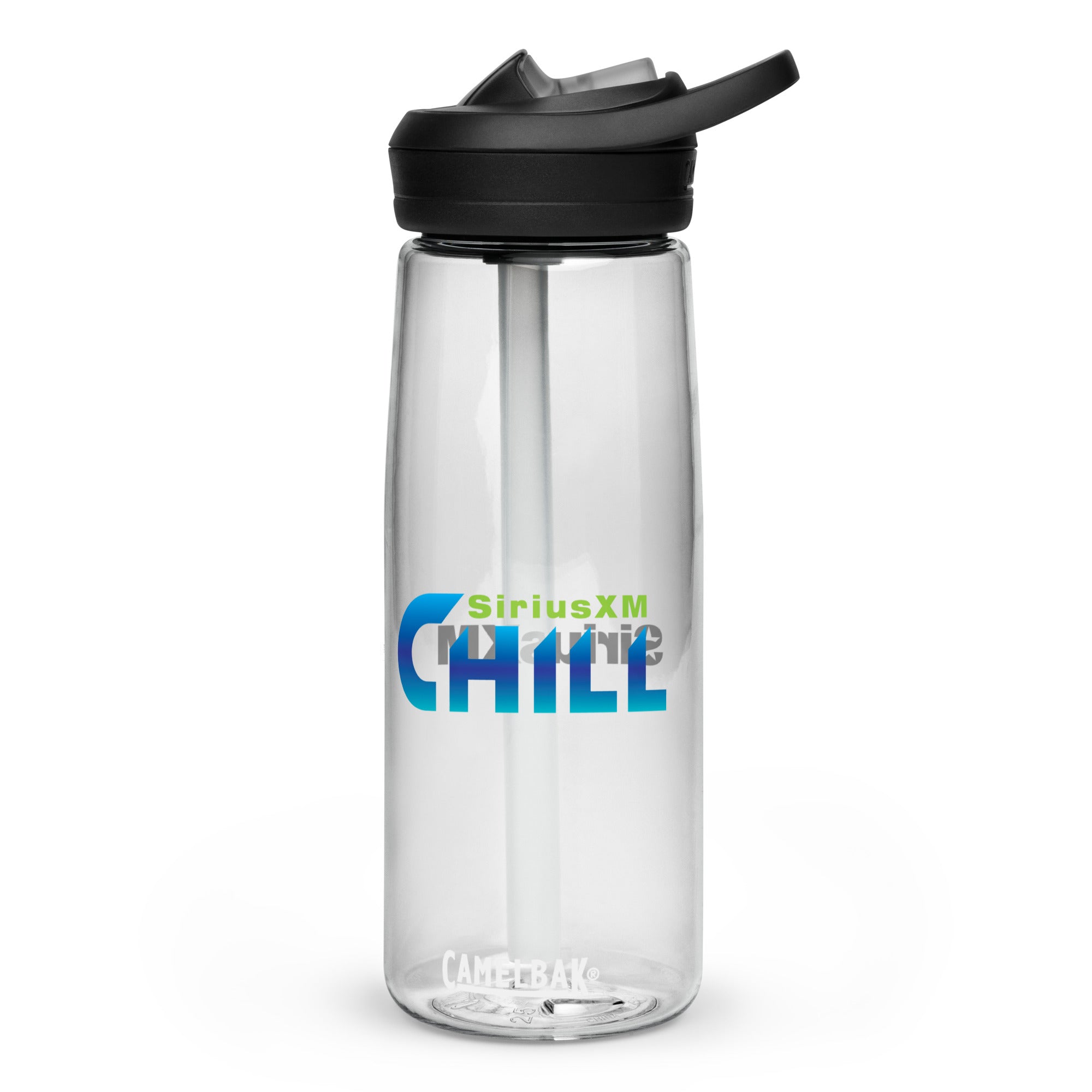 Clear water bottle with a straw and black lid, featuring 'SiriusXM CHILL' logo design.