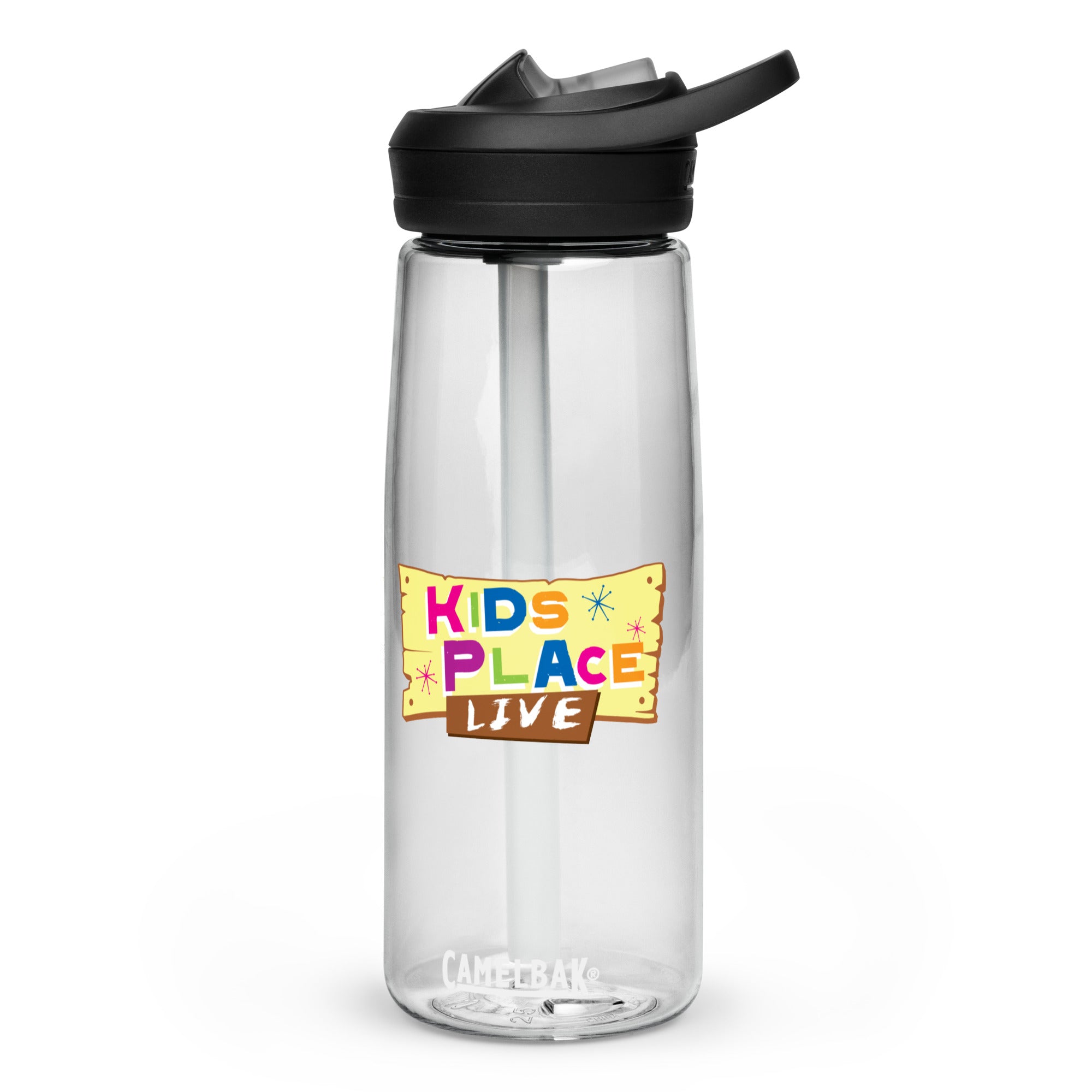 Clear water bottle with 'KIDS PLACE LIVE' logo, featuring a straw and black lid.