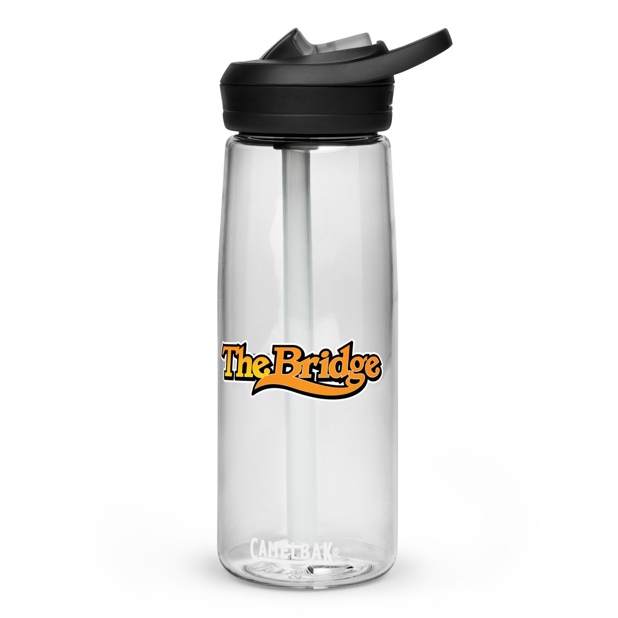Clear water bottle with black lid and a straw, featuring the text 'The Bridge' in orange lettering.