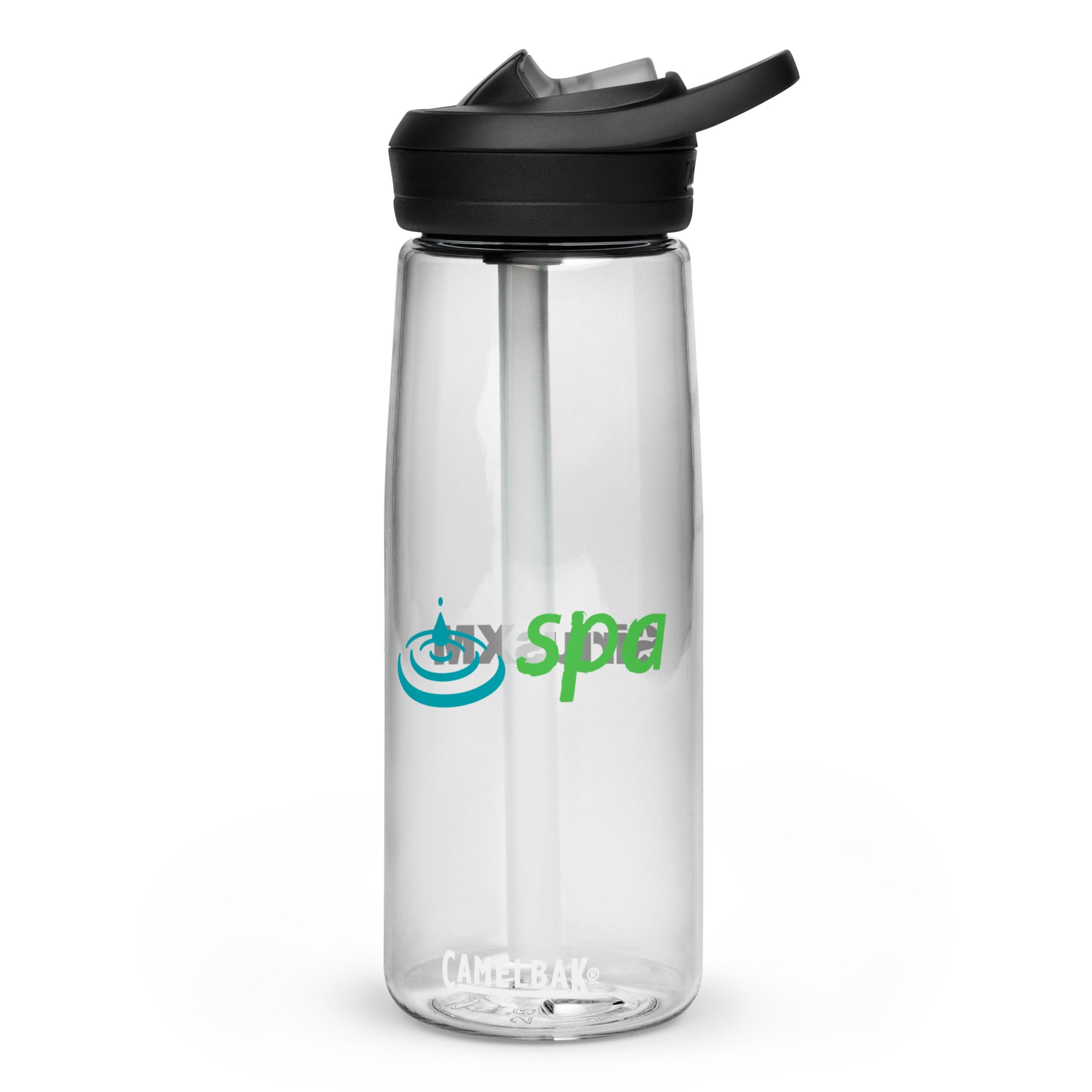 Clear water bottle with a black lid and straw, featuring a logo that says 'spa.'