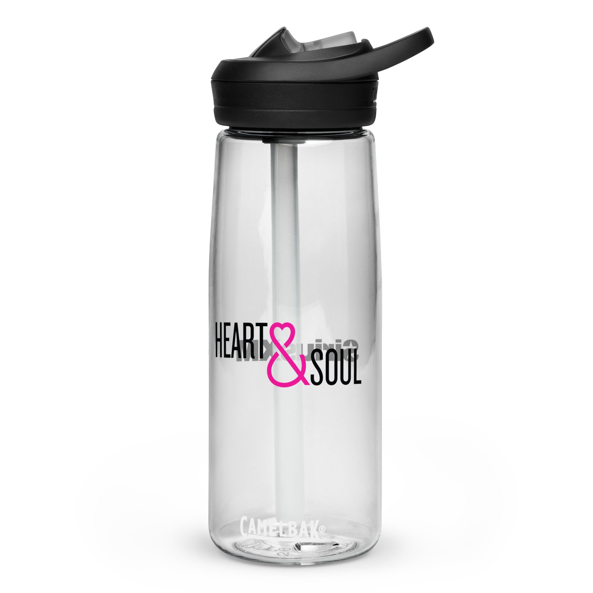 Clear water bottle with black lid featuring the words 'HEART & SOUL' in bold black and pink letters, with a straw inside.