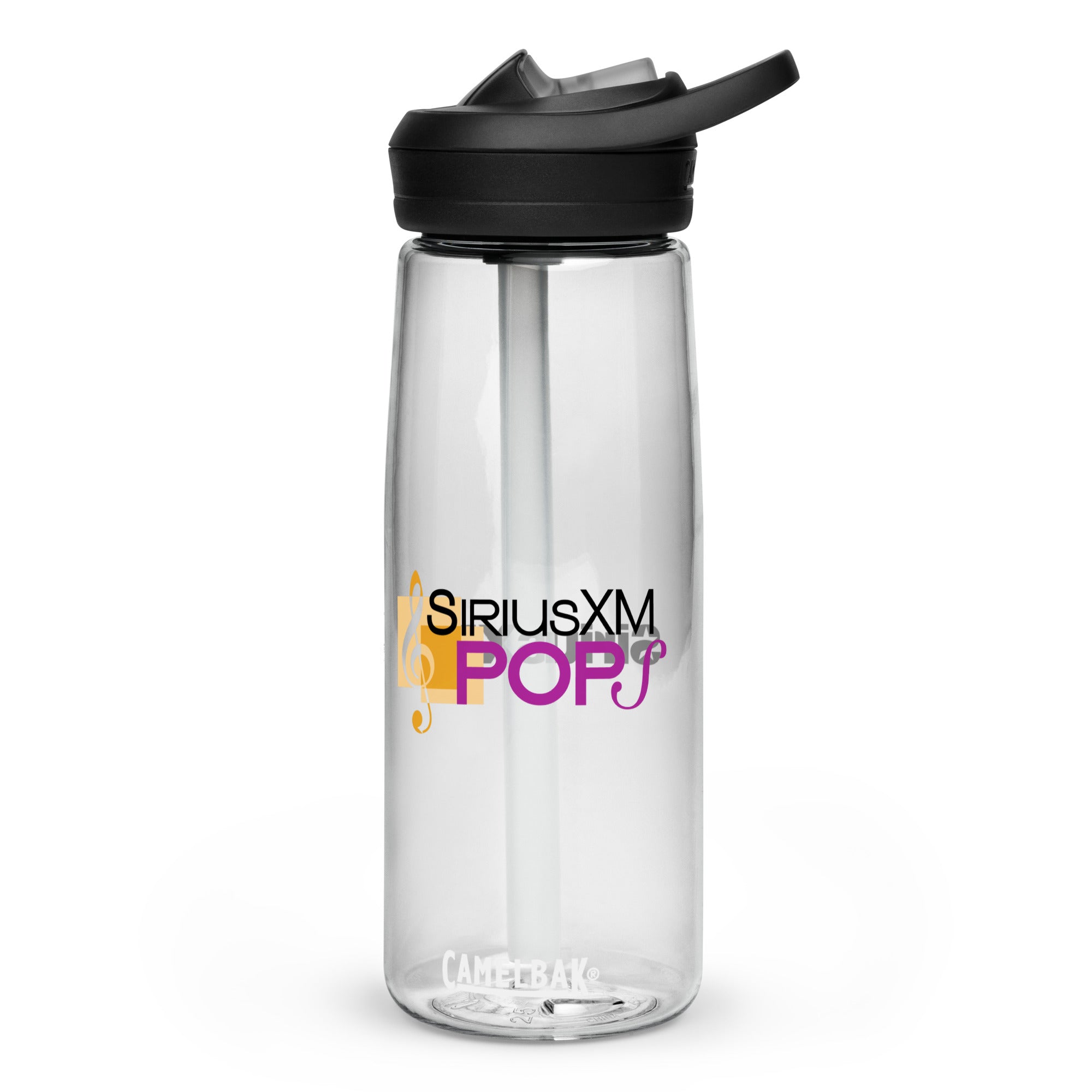 Clear water bottle featuring the 'SiriusXM Pop' logo with a black lid and straw.