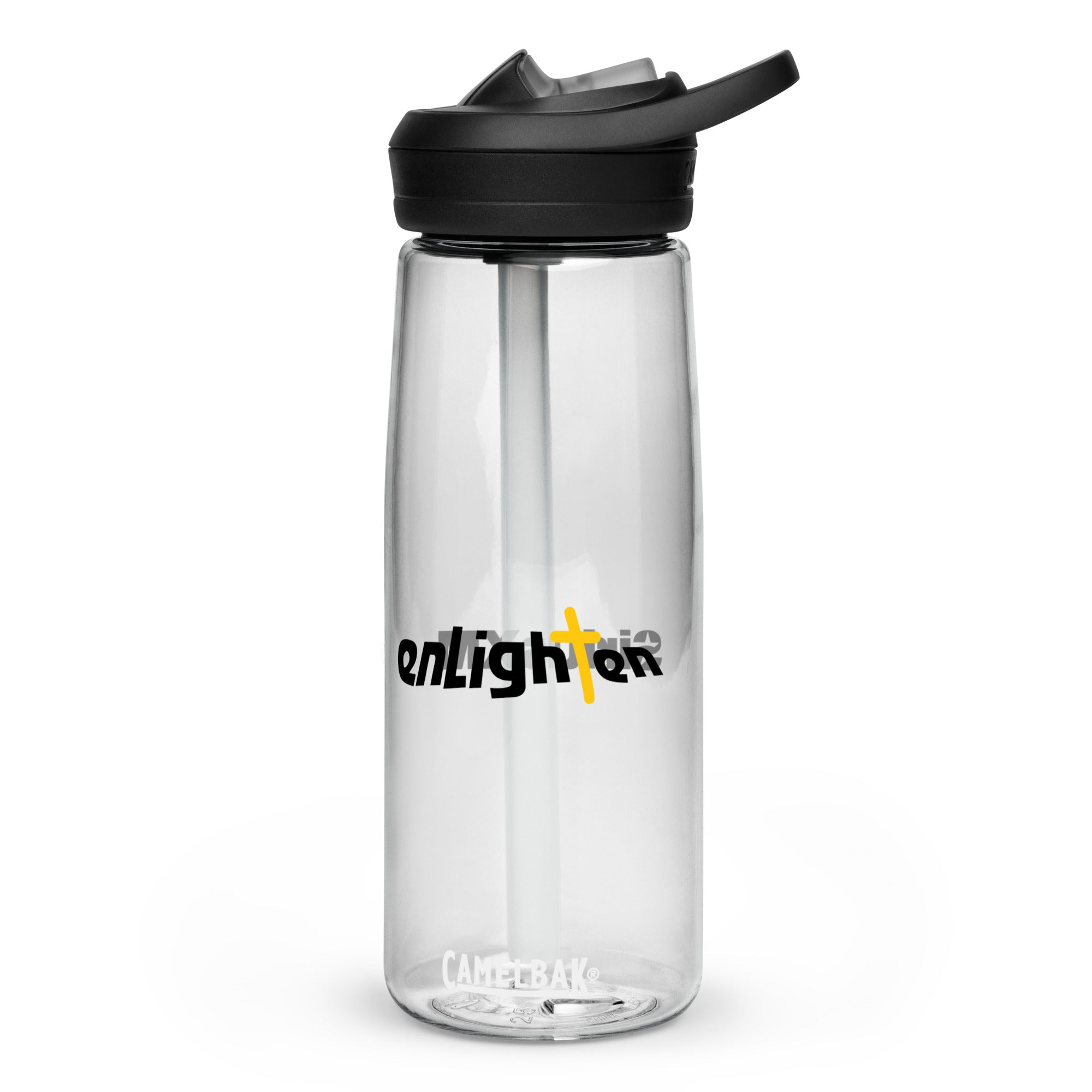 Clear water bottle with black lid and straw with a design featuring the word 'enLighten' and a cross.