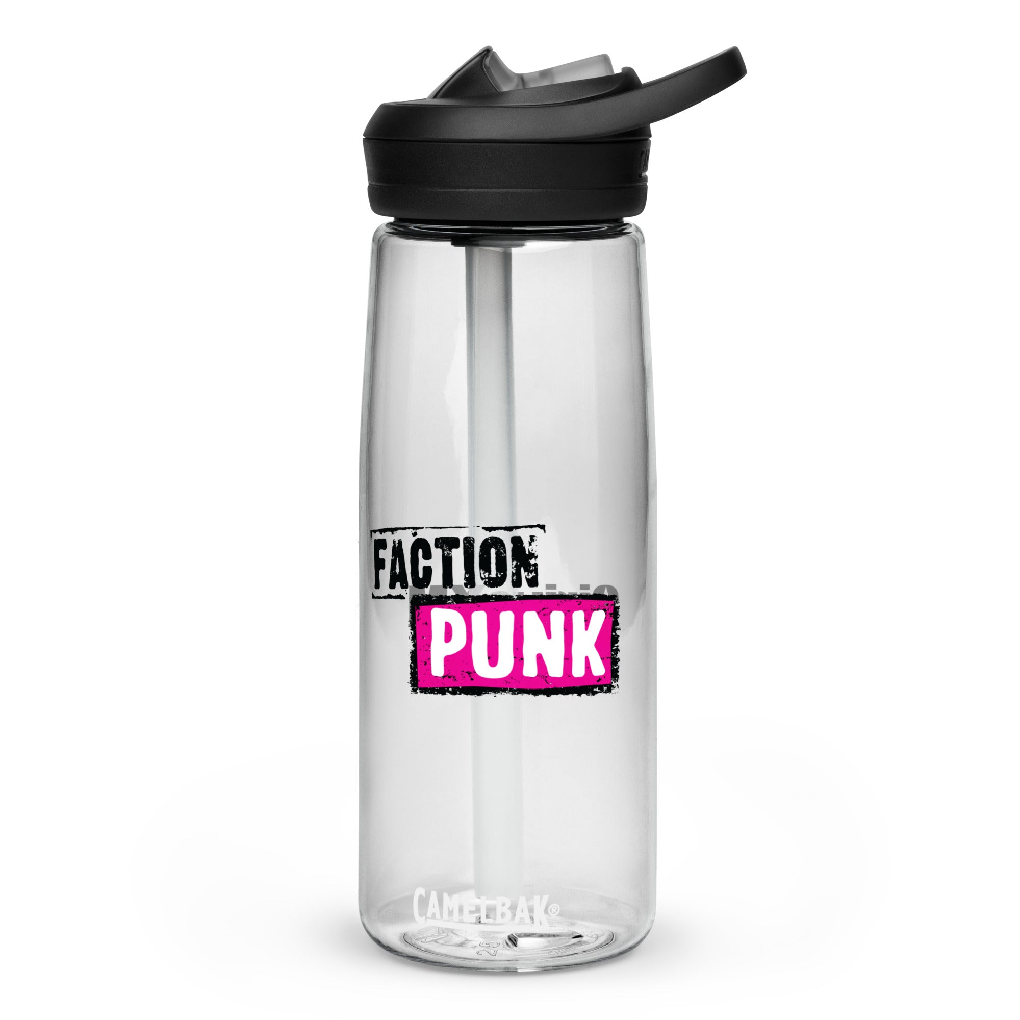 Clear water bottle with a straw and black lid, featuring the text 'FACTION PUNK' in bold pink and black.