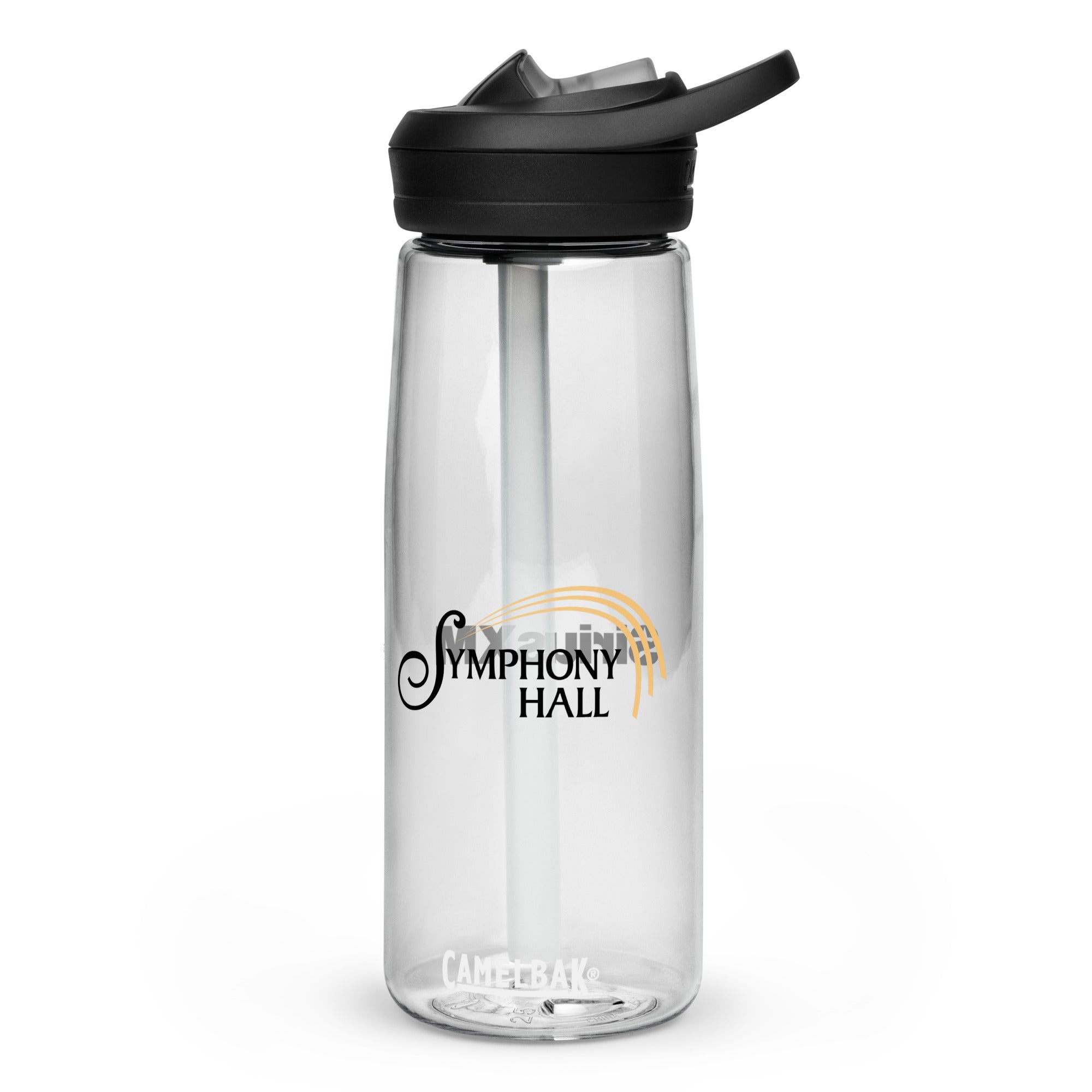 Clear water bottle with 'Symphony Hall' logo and a straw with black twist-on lid.