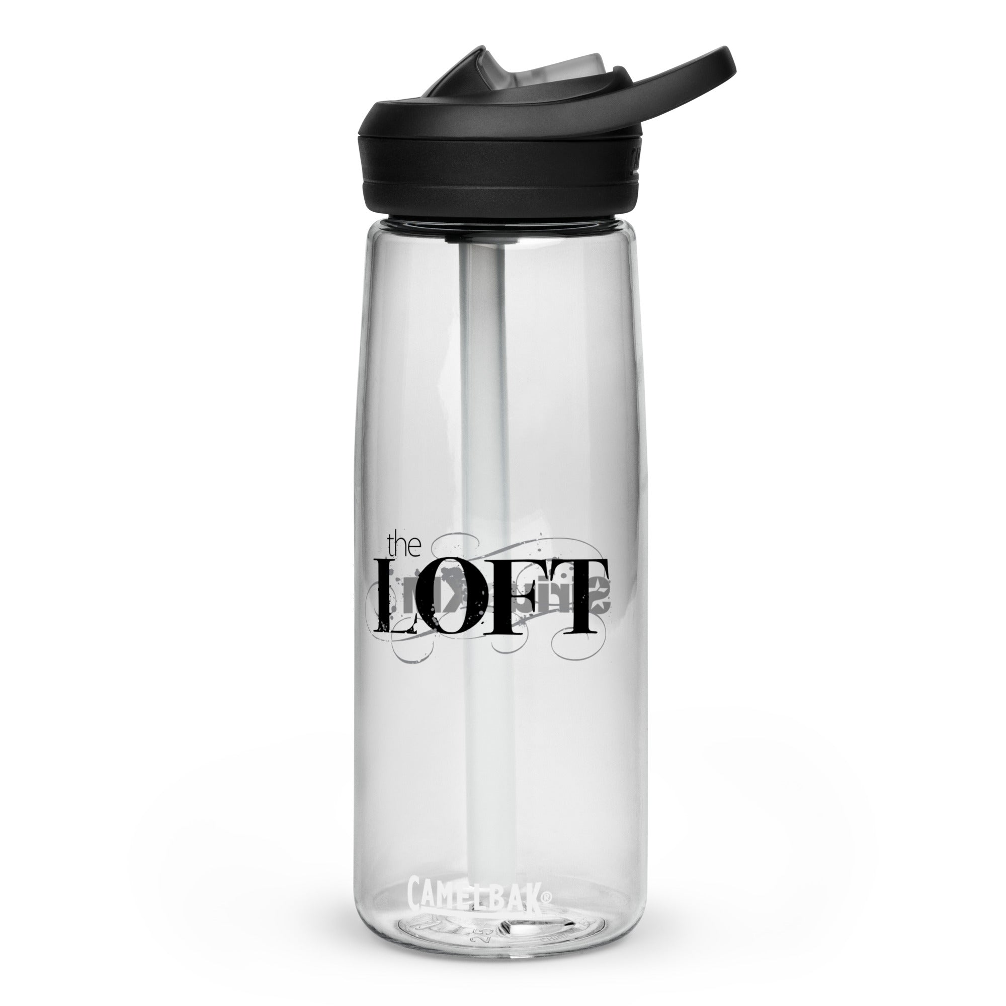 Clear water bottle featuring 'the LOFT' logo and a black cap with a straw.