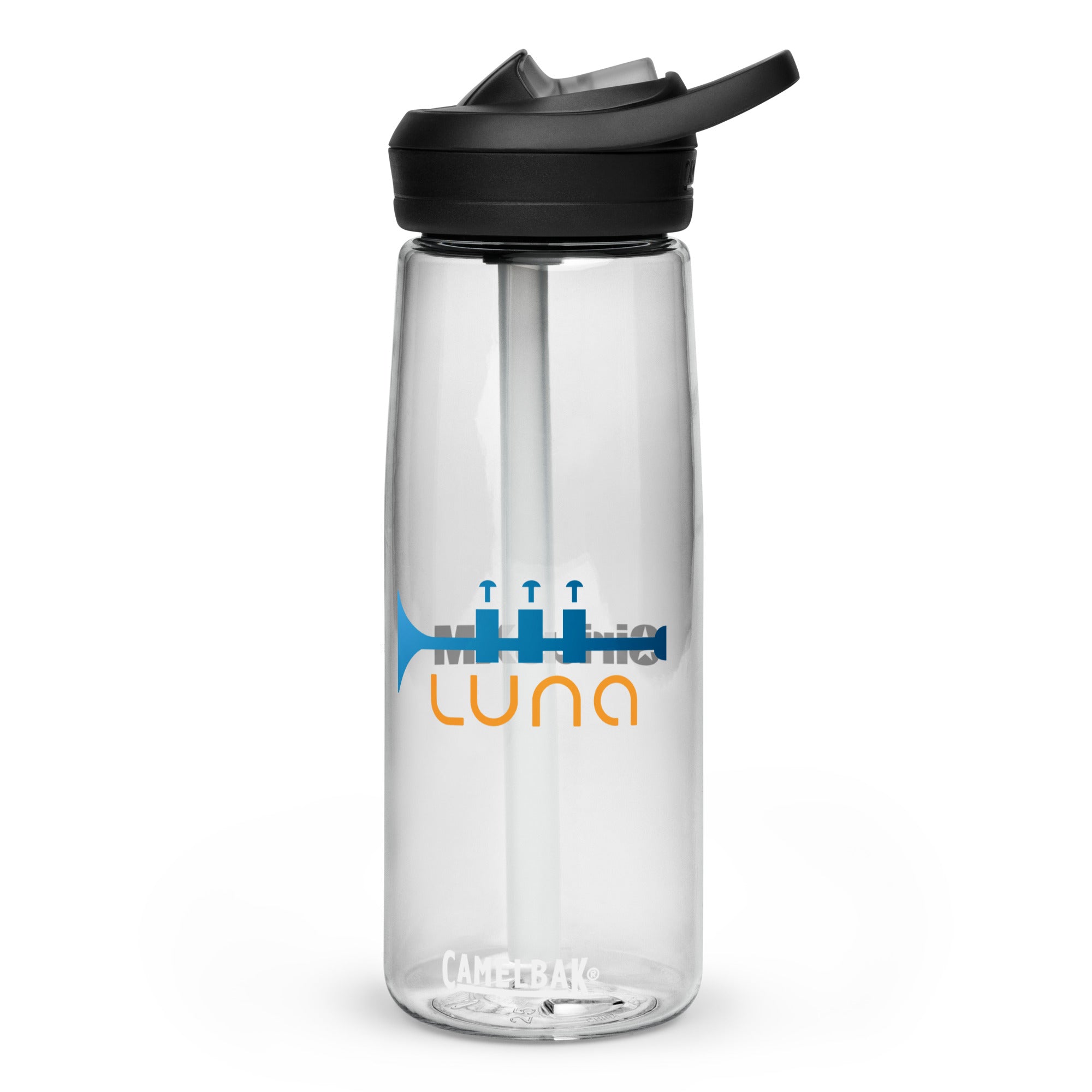 Clear water bottle with black lid and straw, featuring the 'LUNA' logo in blue and orange.