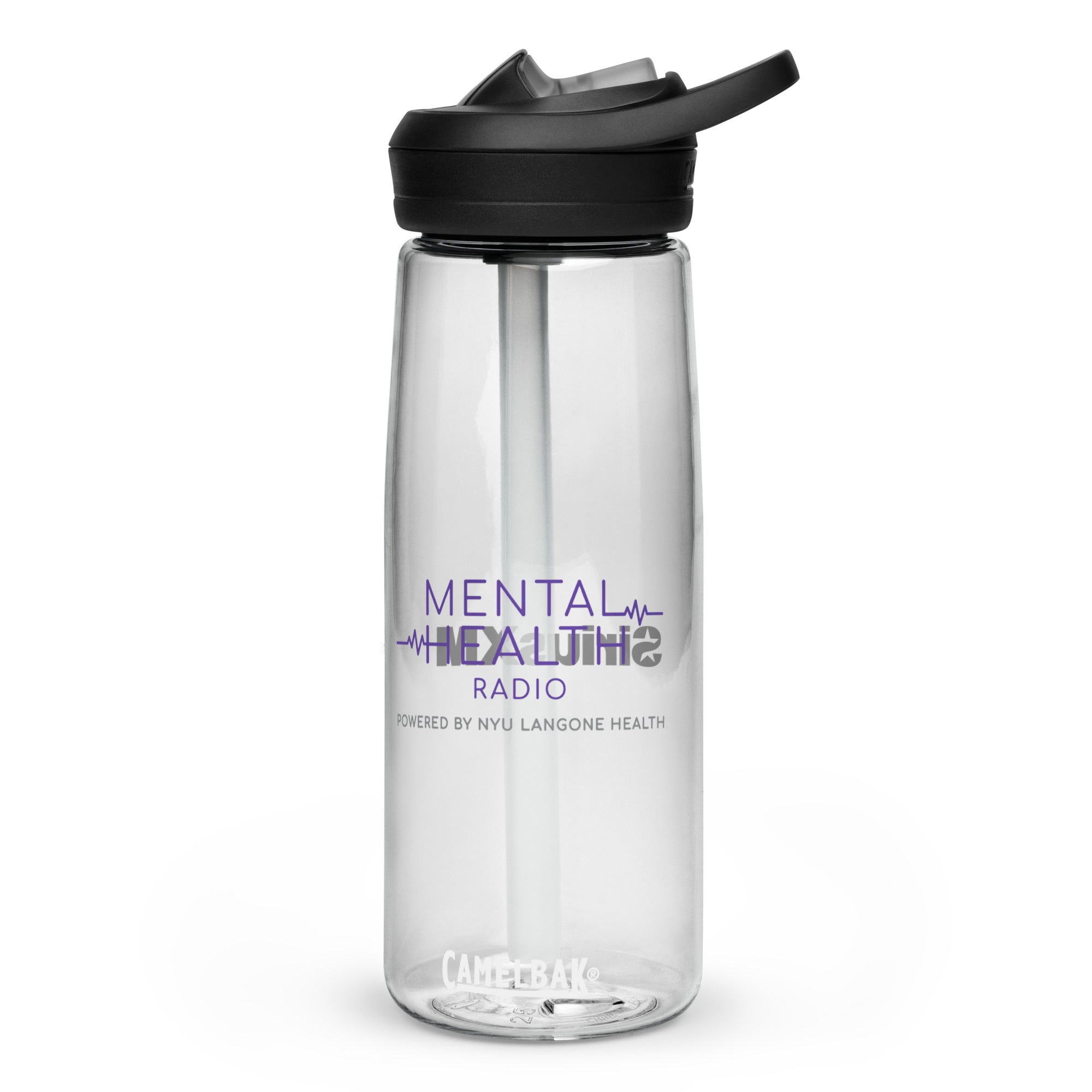 Clear water bottle with a  straw and black lid, featuring the text 'MENTAL HEALTH RADIO POWERED BY NYU LANGONE HEALTH.'