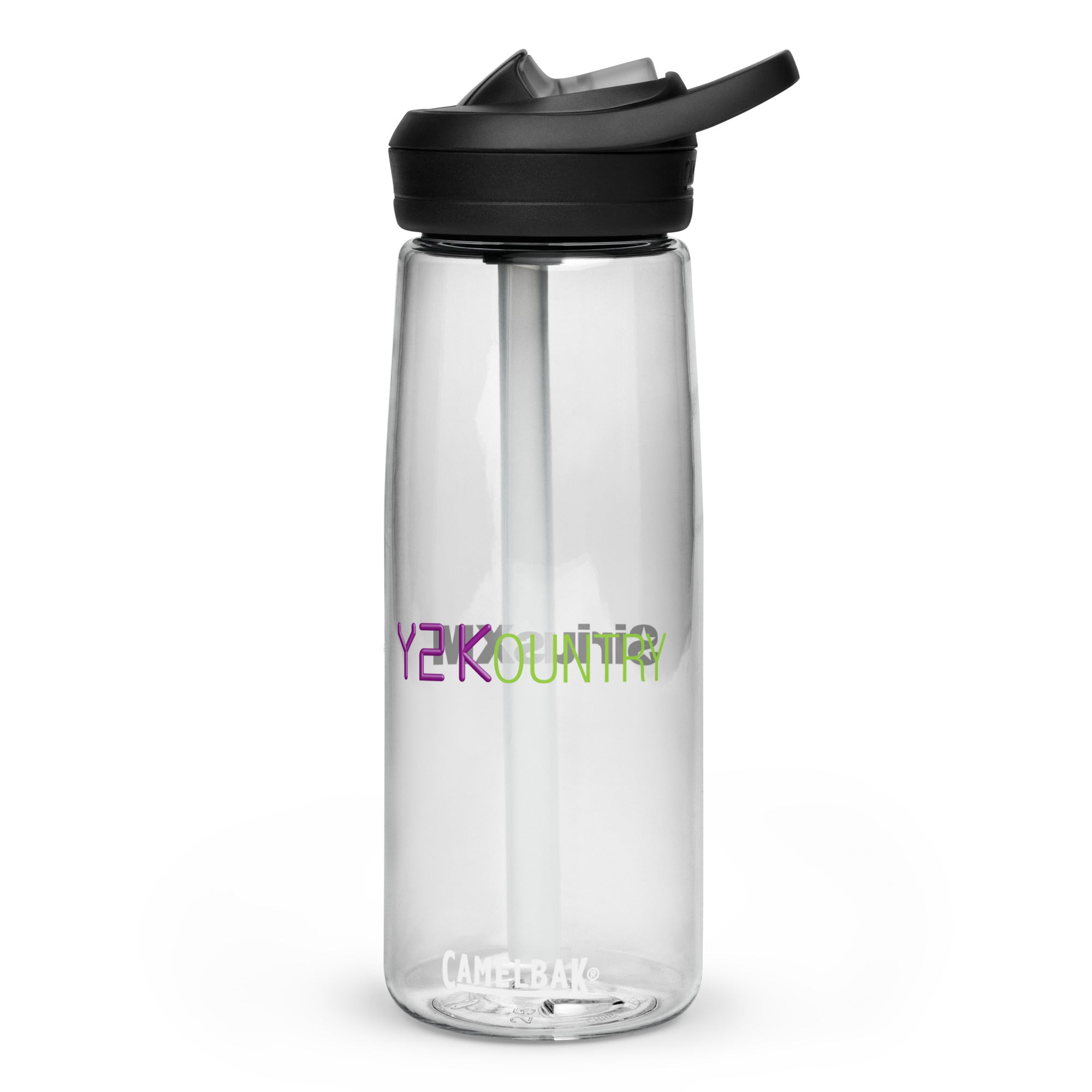 Transparent water bottle with a black lid and a straw, featuring 'Y2KOUNTRY' in colorful text.