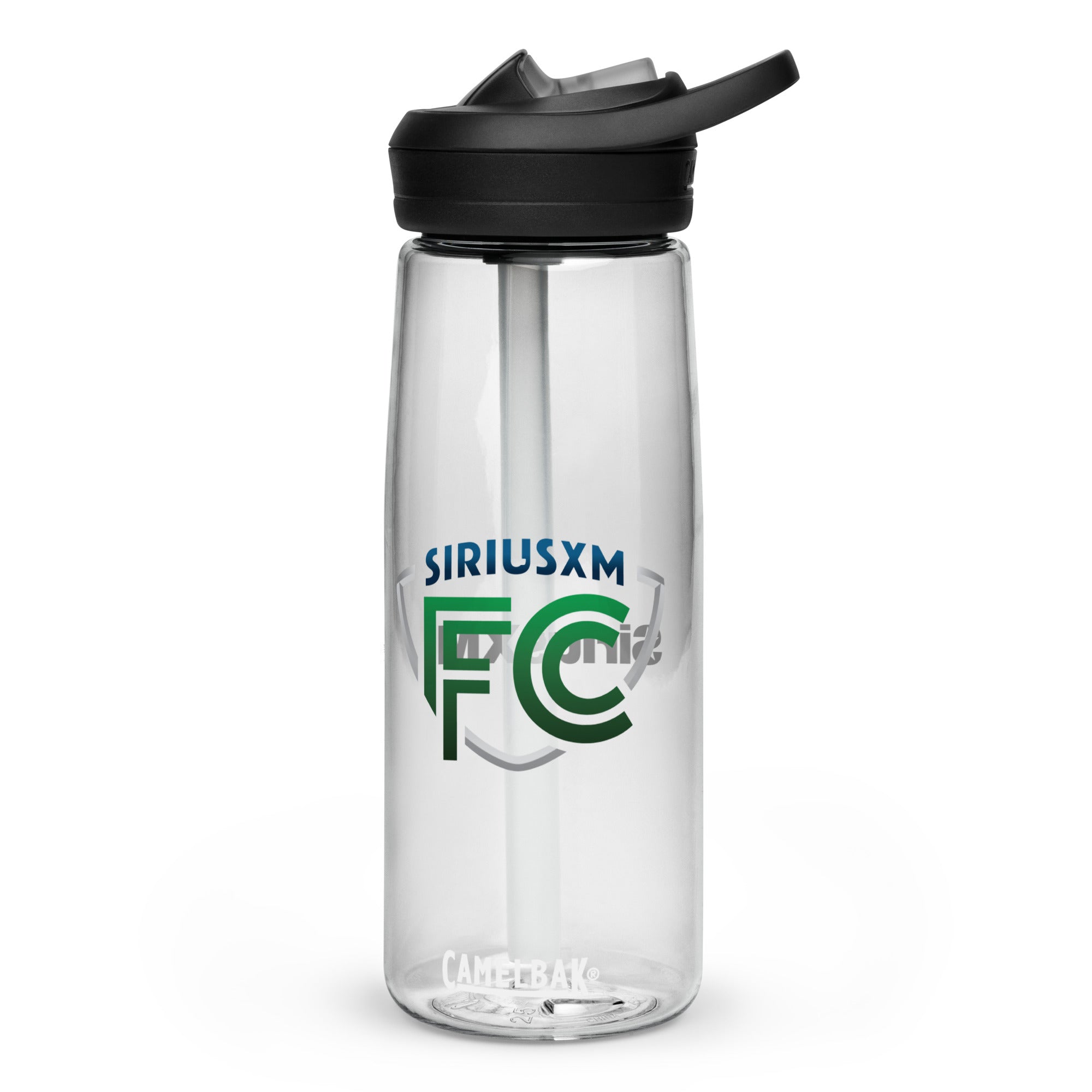 Clear water bottle with blue and green 'SiriusXM FC' logo and a black straw lid.