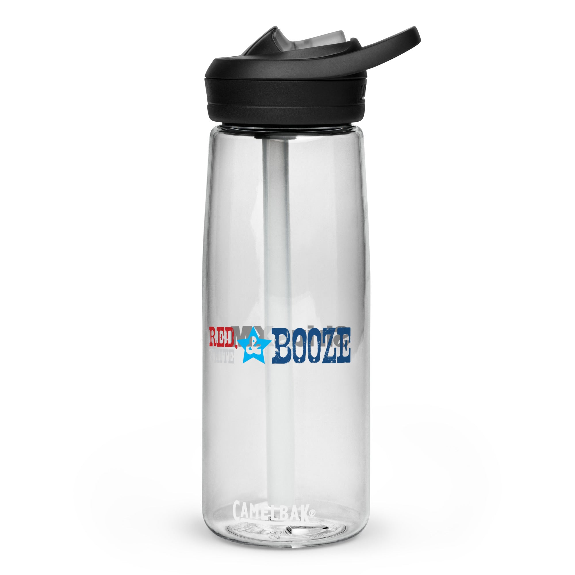 Transparent water bottle with a black lid and straw, featuring the words 'RED WHITE & BOOZE' in colorful text.