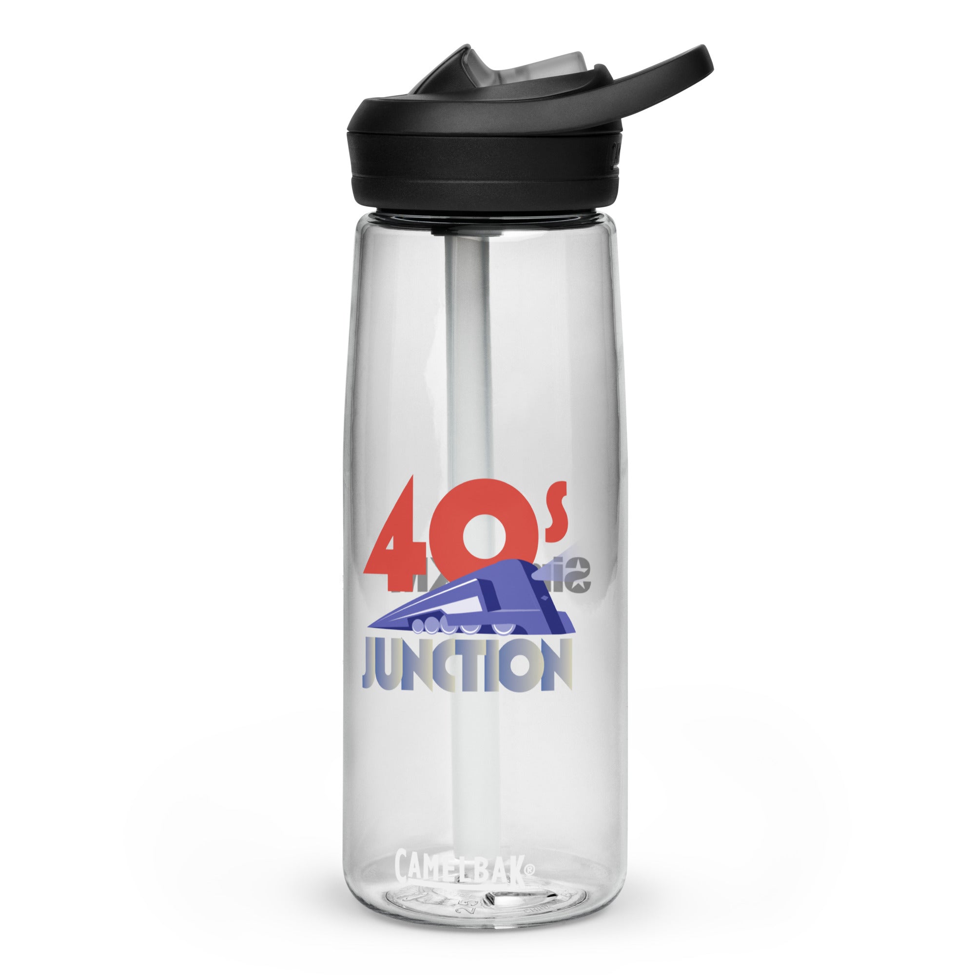 Clear water bottle with straw and black lid featuring the text '40s Junction' with a train graphic design.