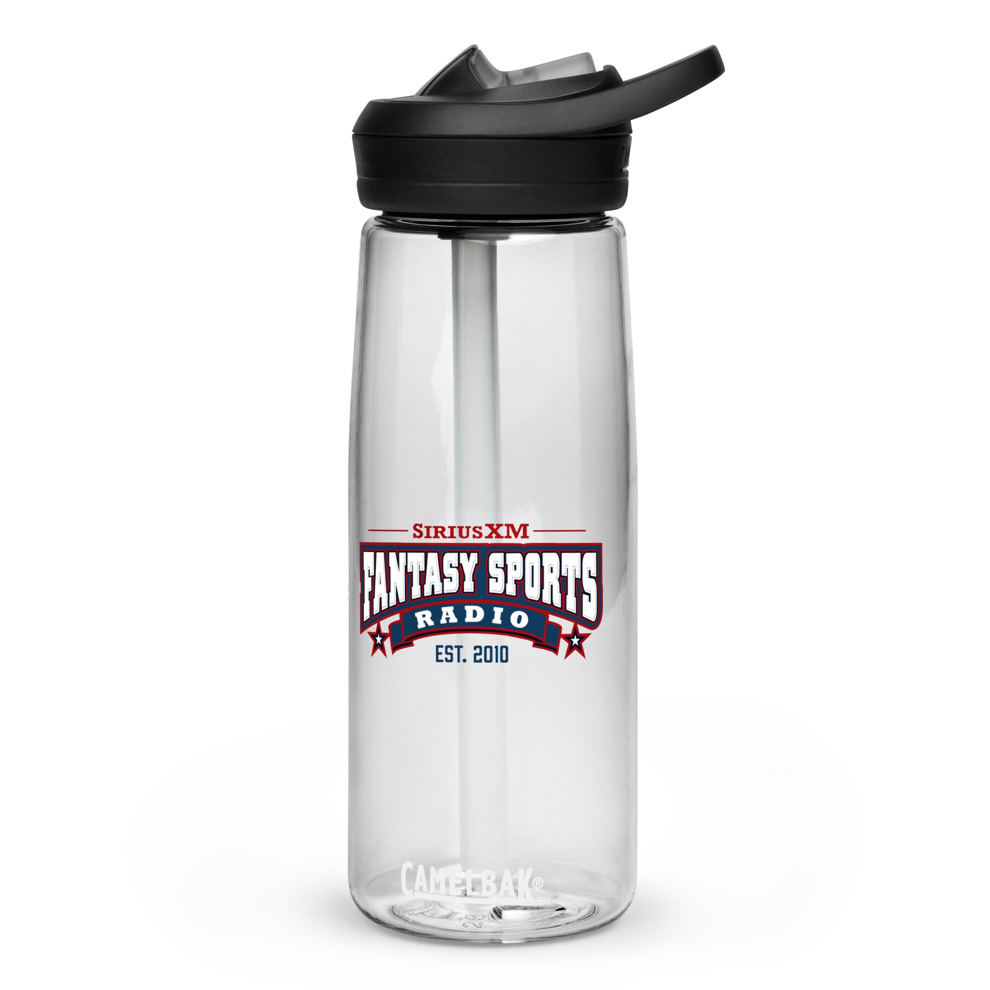 Clear water bottle featuring 'SiriusXM Fantasy Sports Radio established 2010' logo with straw and black lid