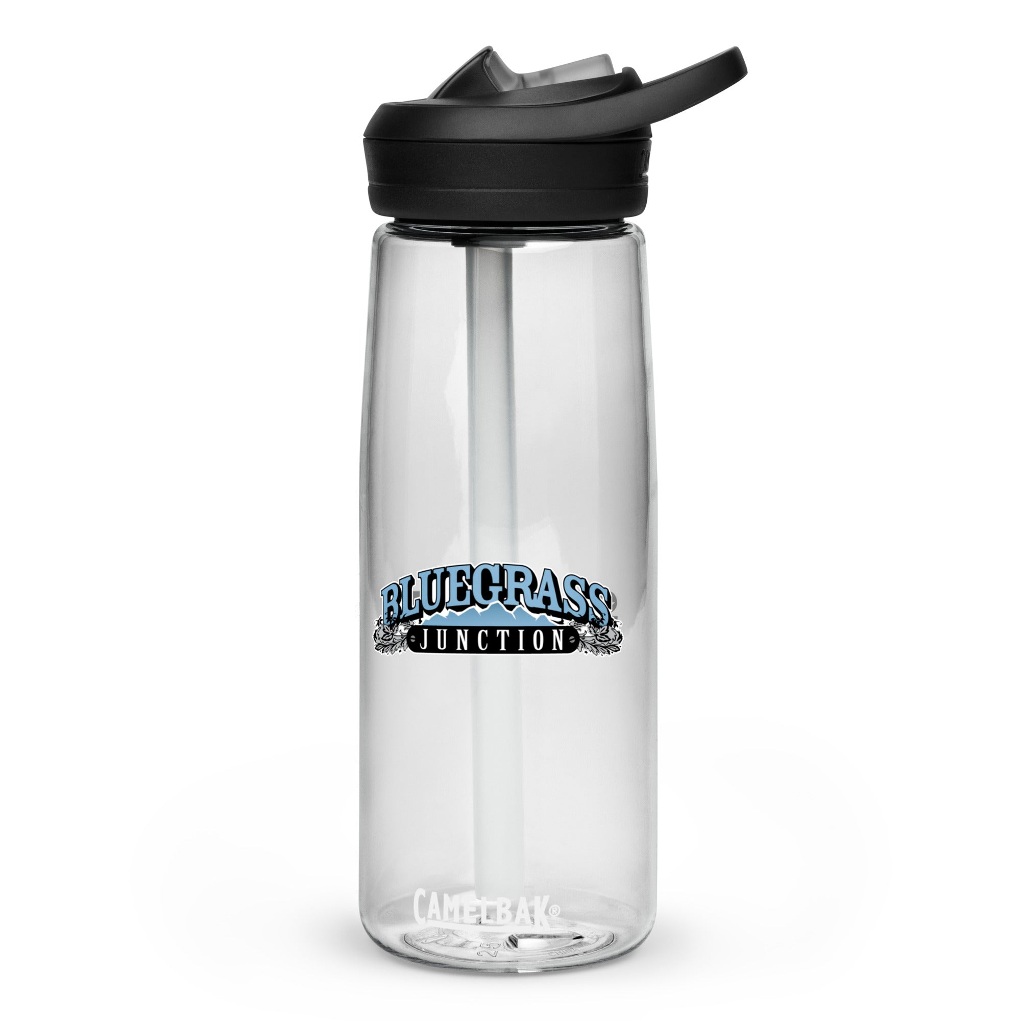 Clear water bottle with a black lid and straw, featuring 'BLUEGRASS JUNCTION' logo.