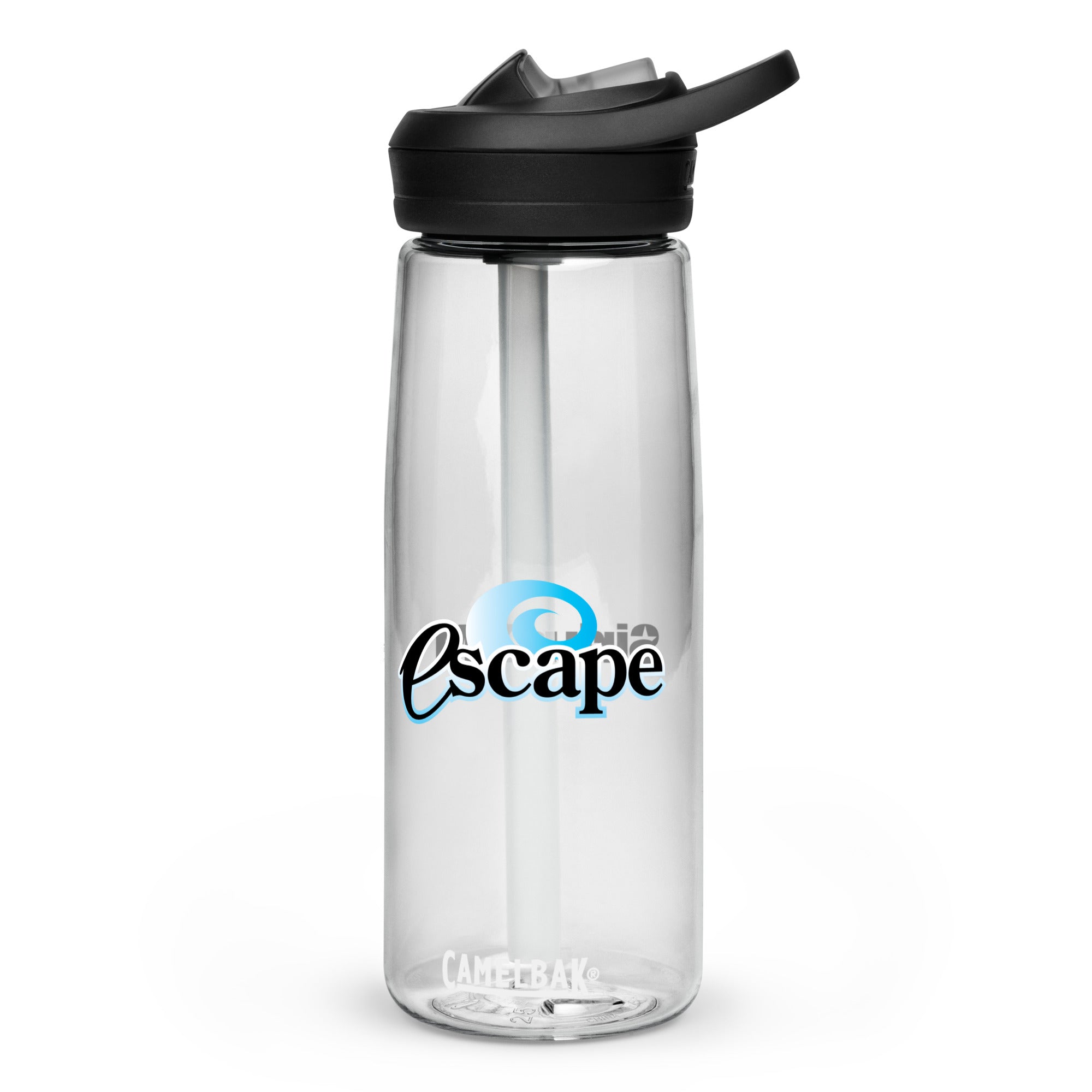 Clear water bottle with a black lid and straw, featuring the word 'escape' in stylized blue and black lettering.