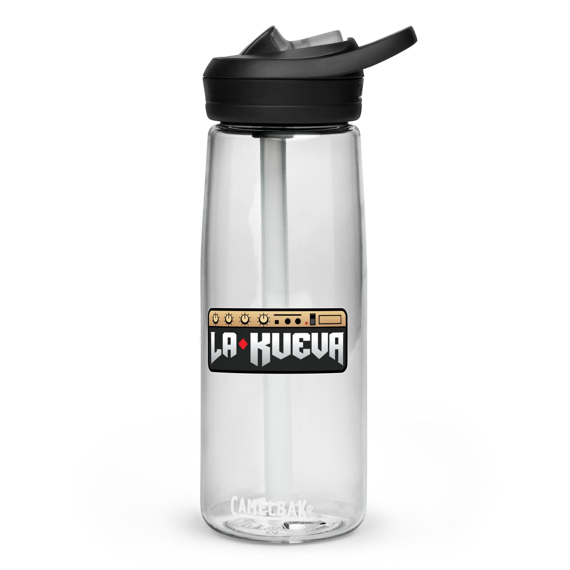Clear water bottle with black lid featuring 'LA KUEVA' logo and built-in straw.