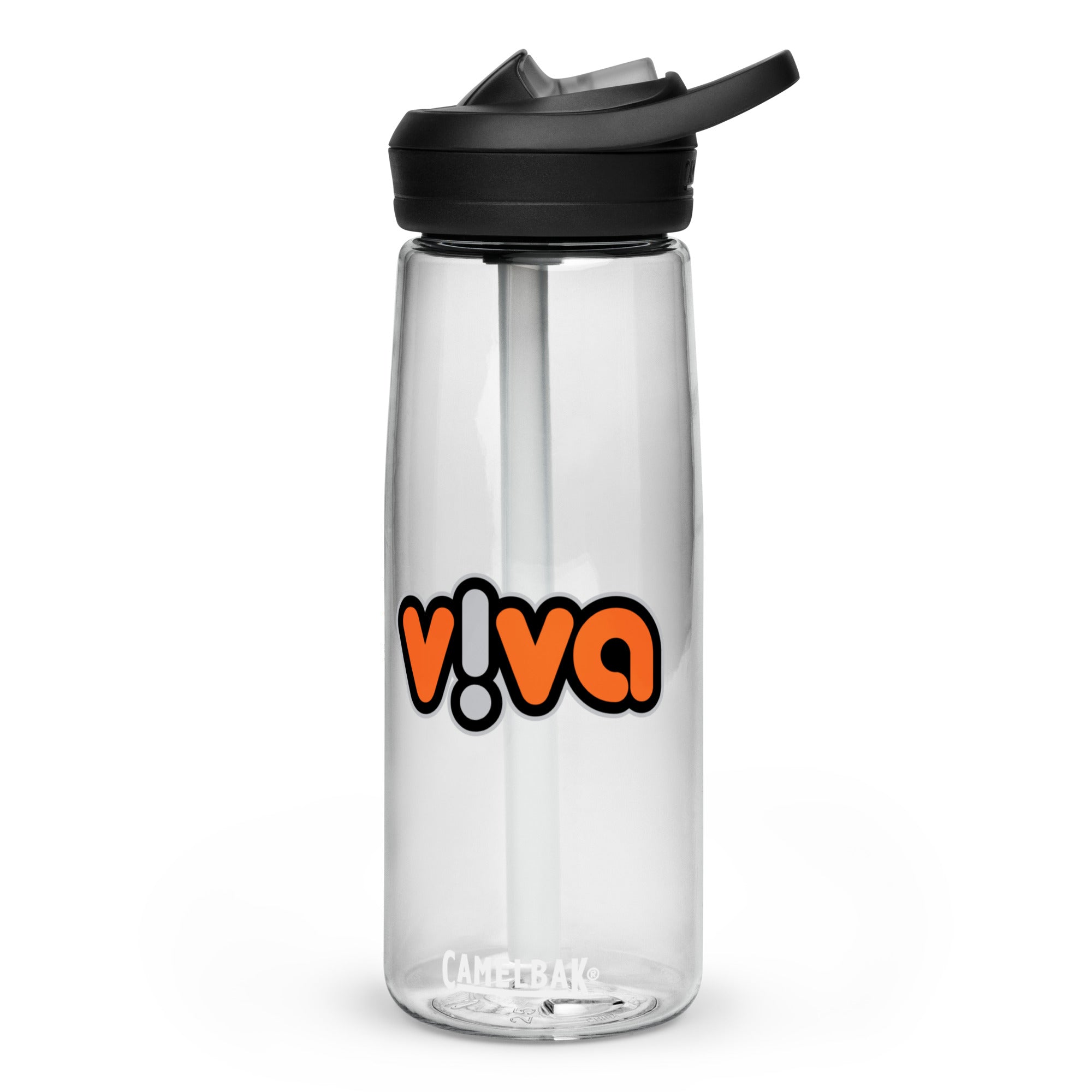 Clear water bottle with a straw and black lid and orange 'viva' logo.