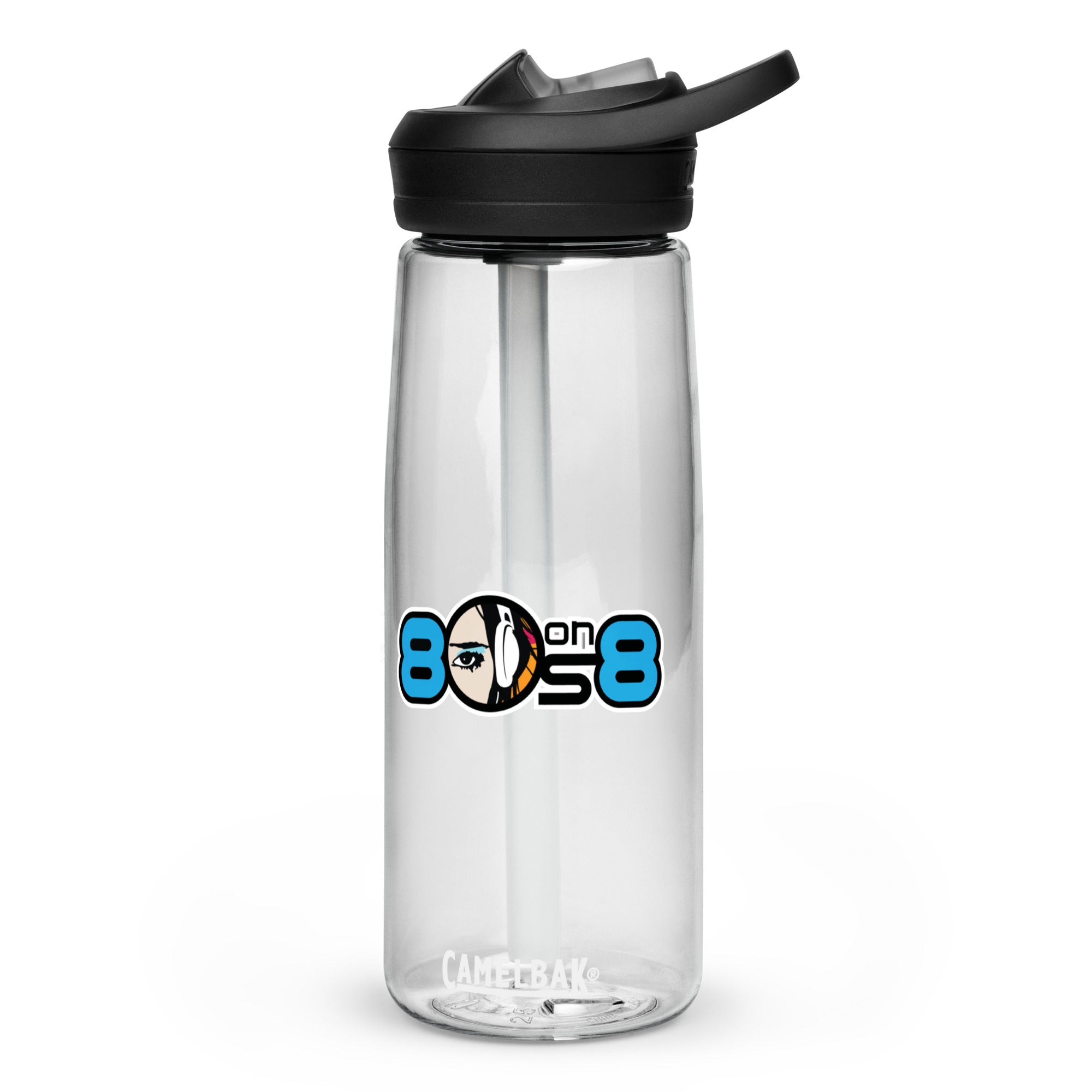 Clear water bottle with straw and black lid featuring a logo that says '80s on 8' with a playful design.