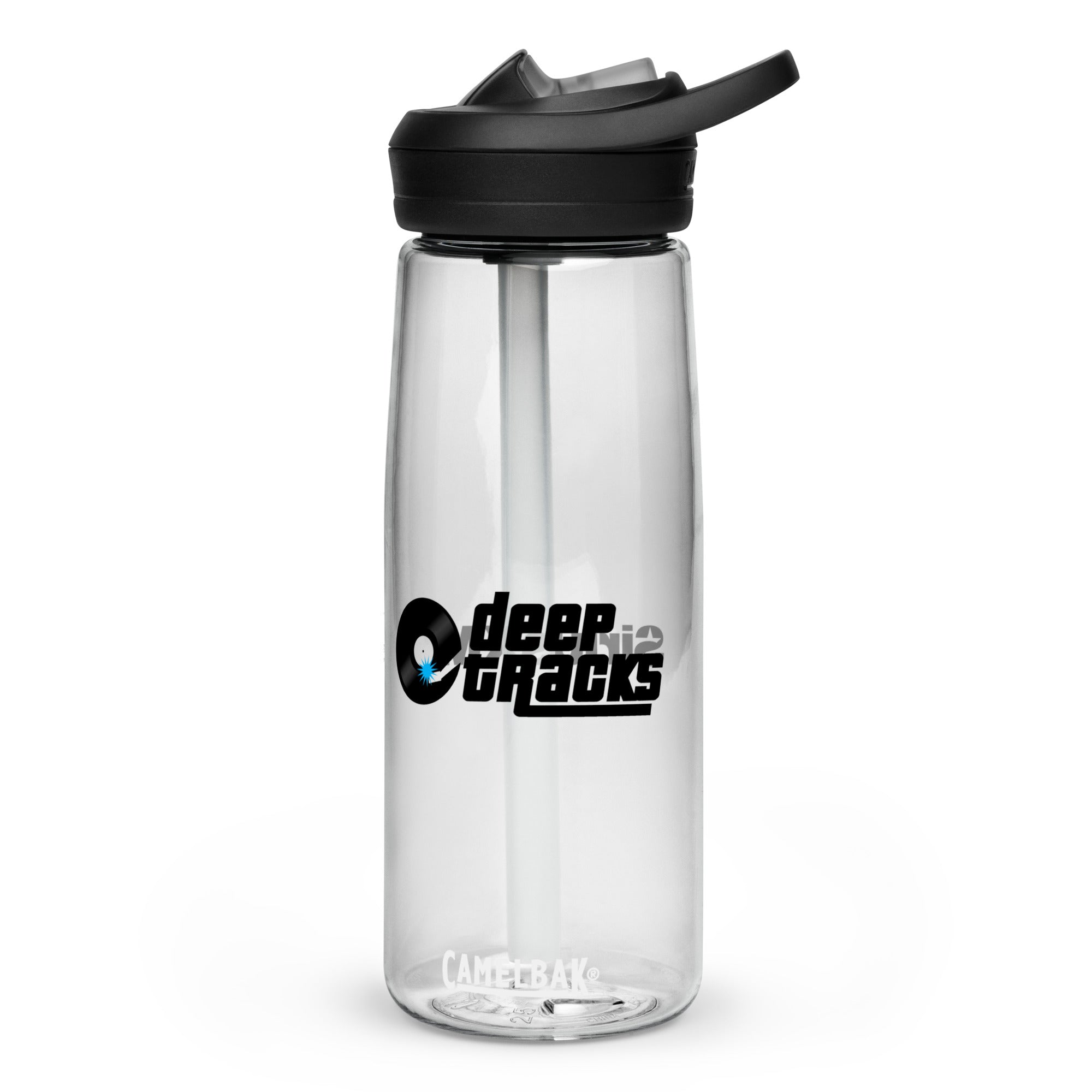 Clear water bottle with a black lid and straw, featuring the logo 'deep tracks' prominently displayed.