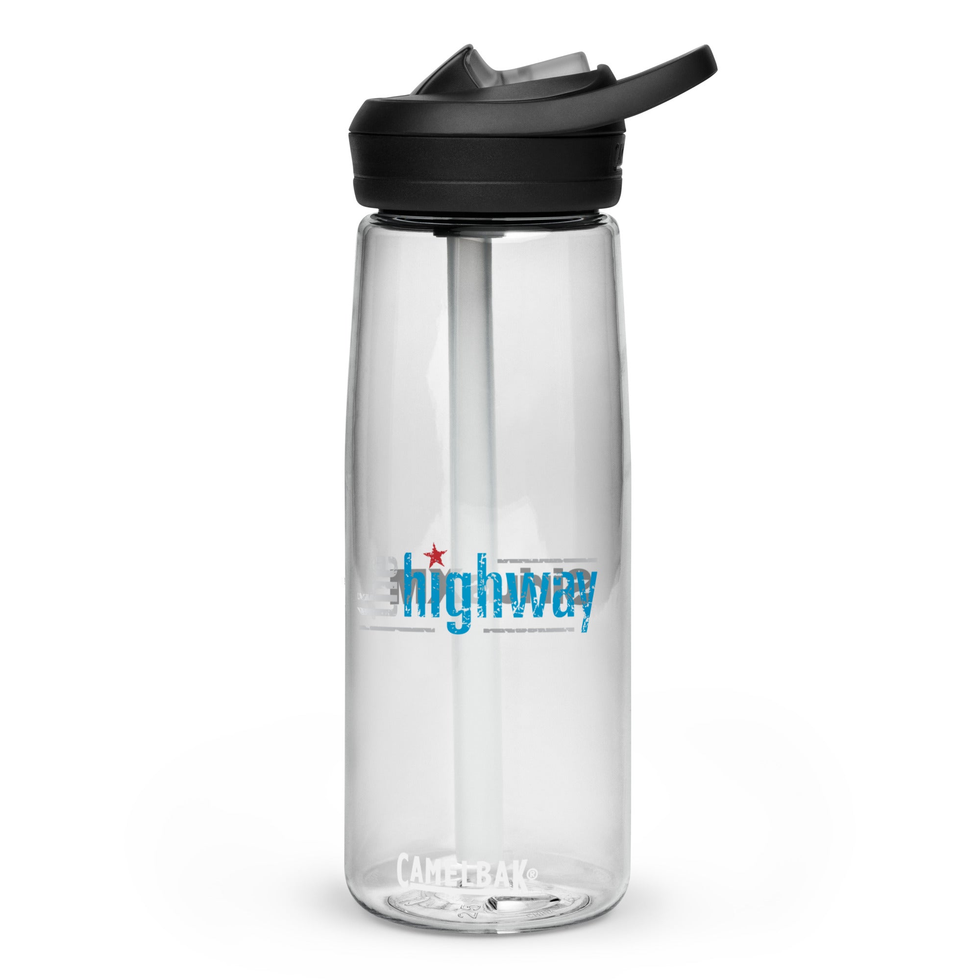 Clear water bottle with a black lid and straw, featuring the 'the highway' logo in blue and red.