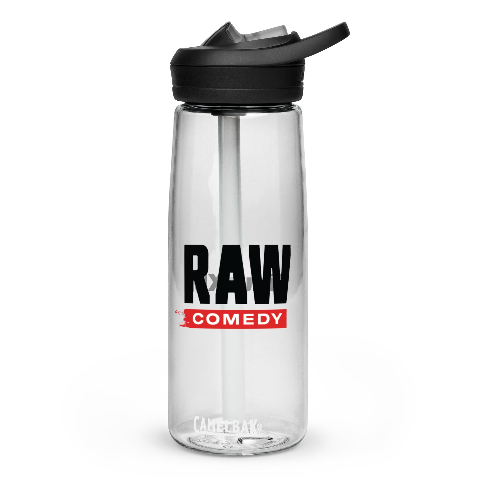 Clear water bottle with 'RAW COMEDY' printed in bold black and red text.
