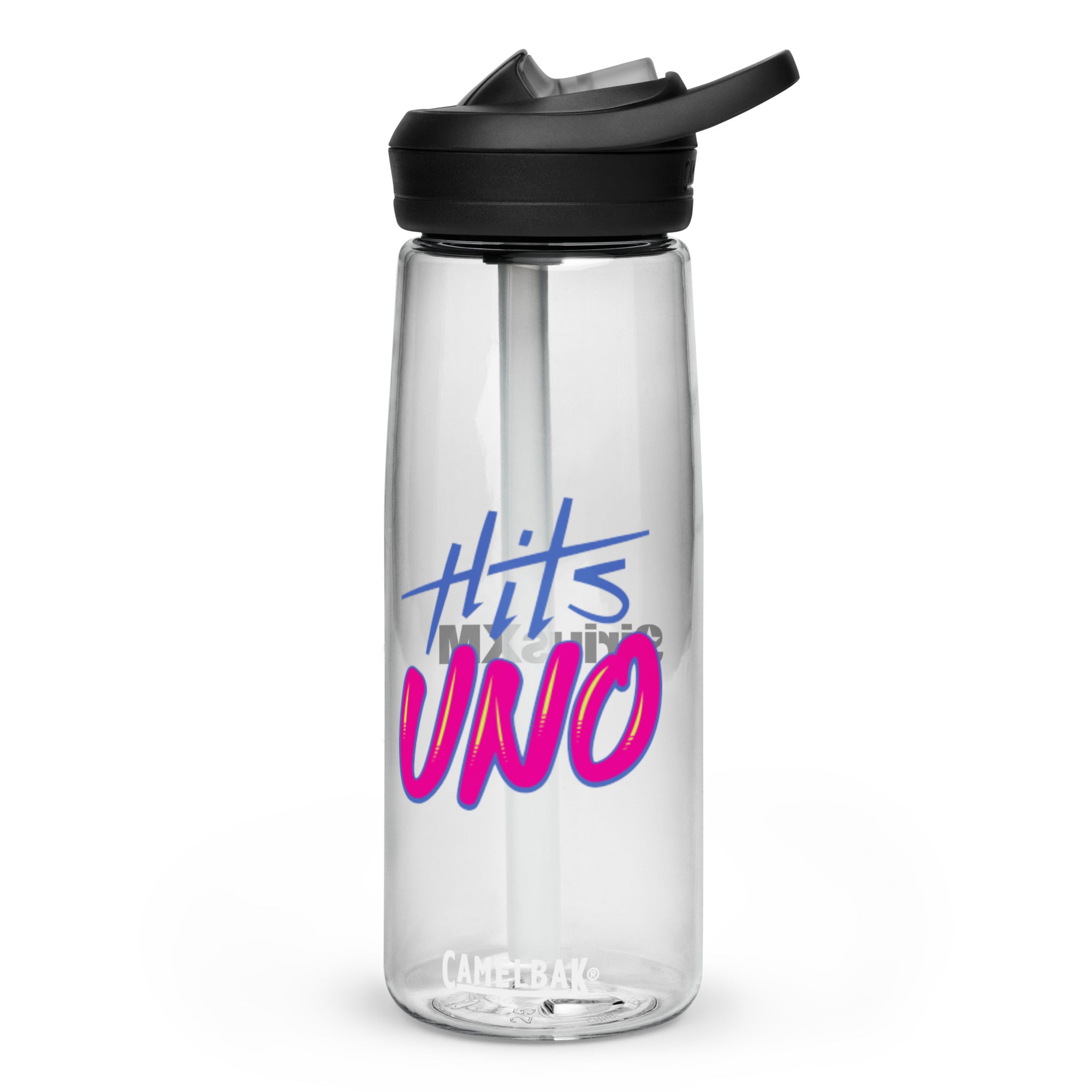 Clear water bottle with 'Hits UNO' in blue and pink lettering, featuring a black cap and straw.