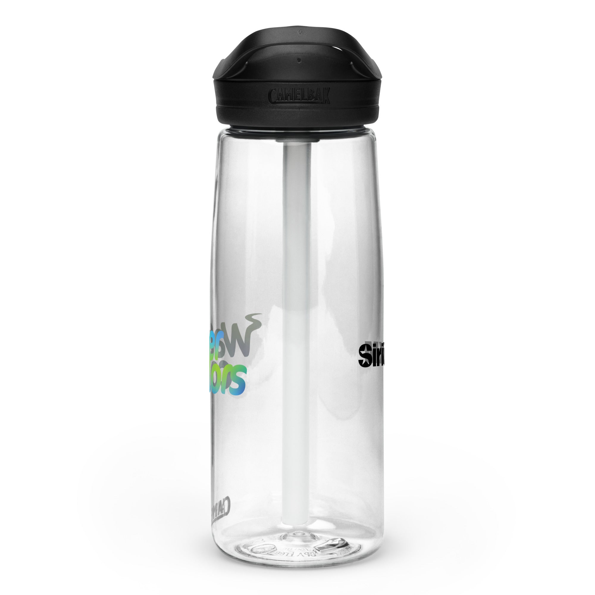 Right side view of clear water bottle with partial view front and back logos and 'CamelBak®' logo engraved into black lid.