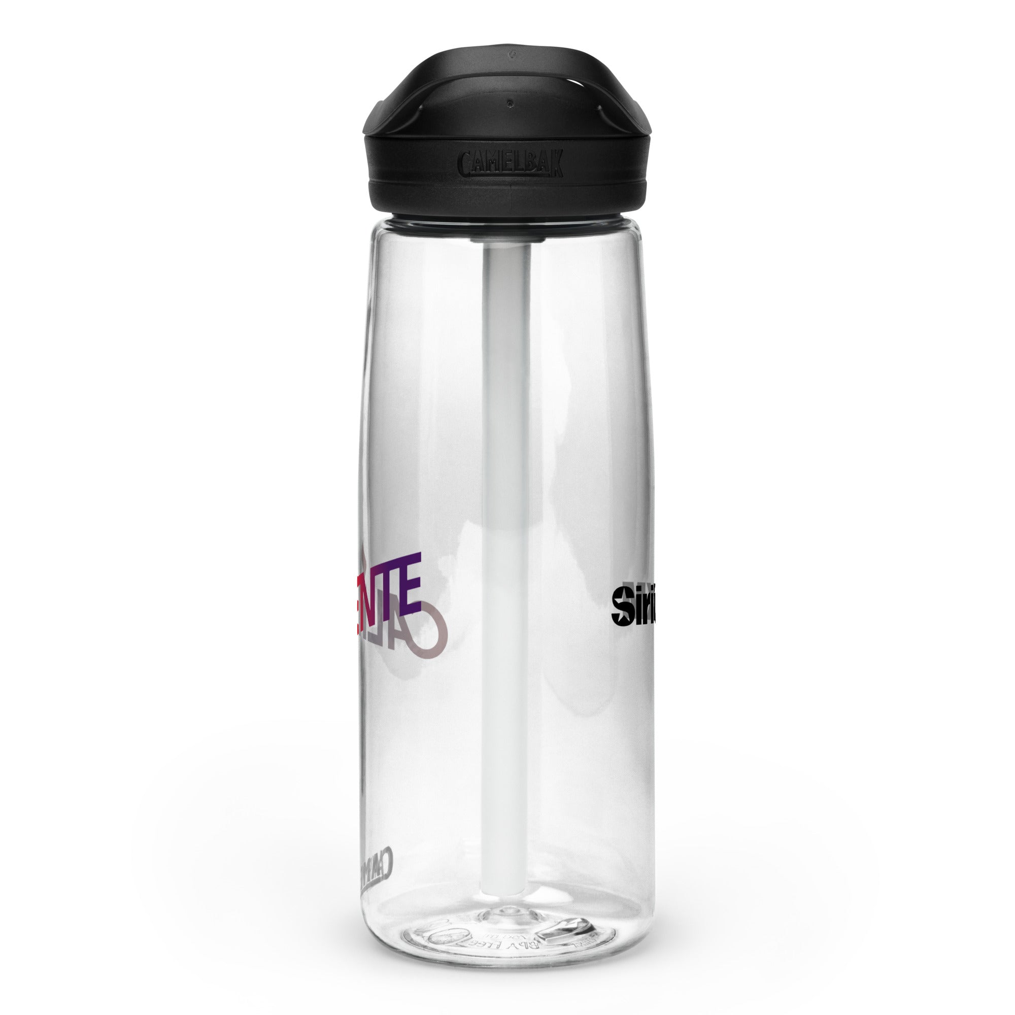 Right side view of clear water bottle with partial view front and back logos and 'CamelBak®' logo engraved into black lid.