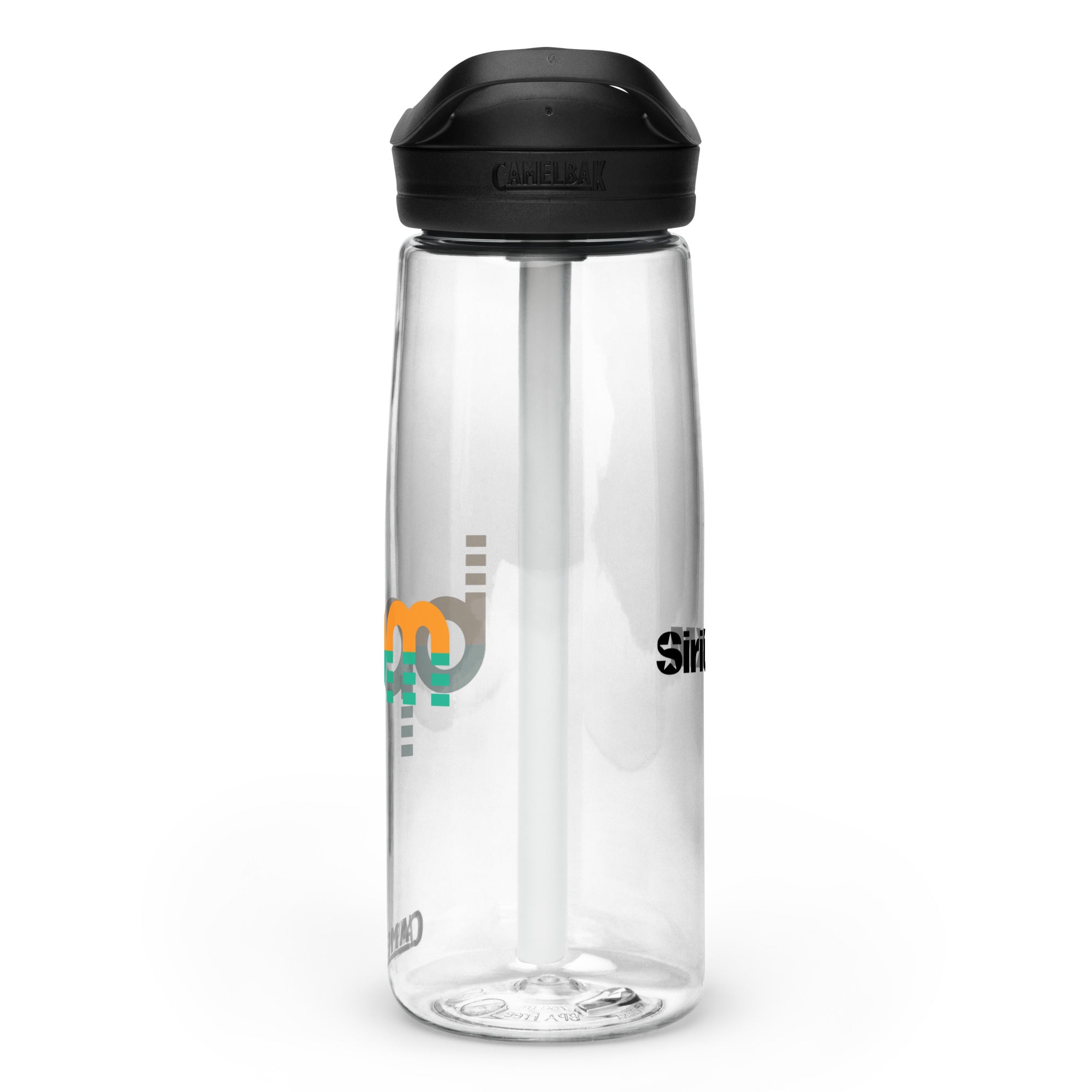 Right side view of clear water bottle with partial view front and back logos and 'CamelBak®' logo engraved into black lid.