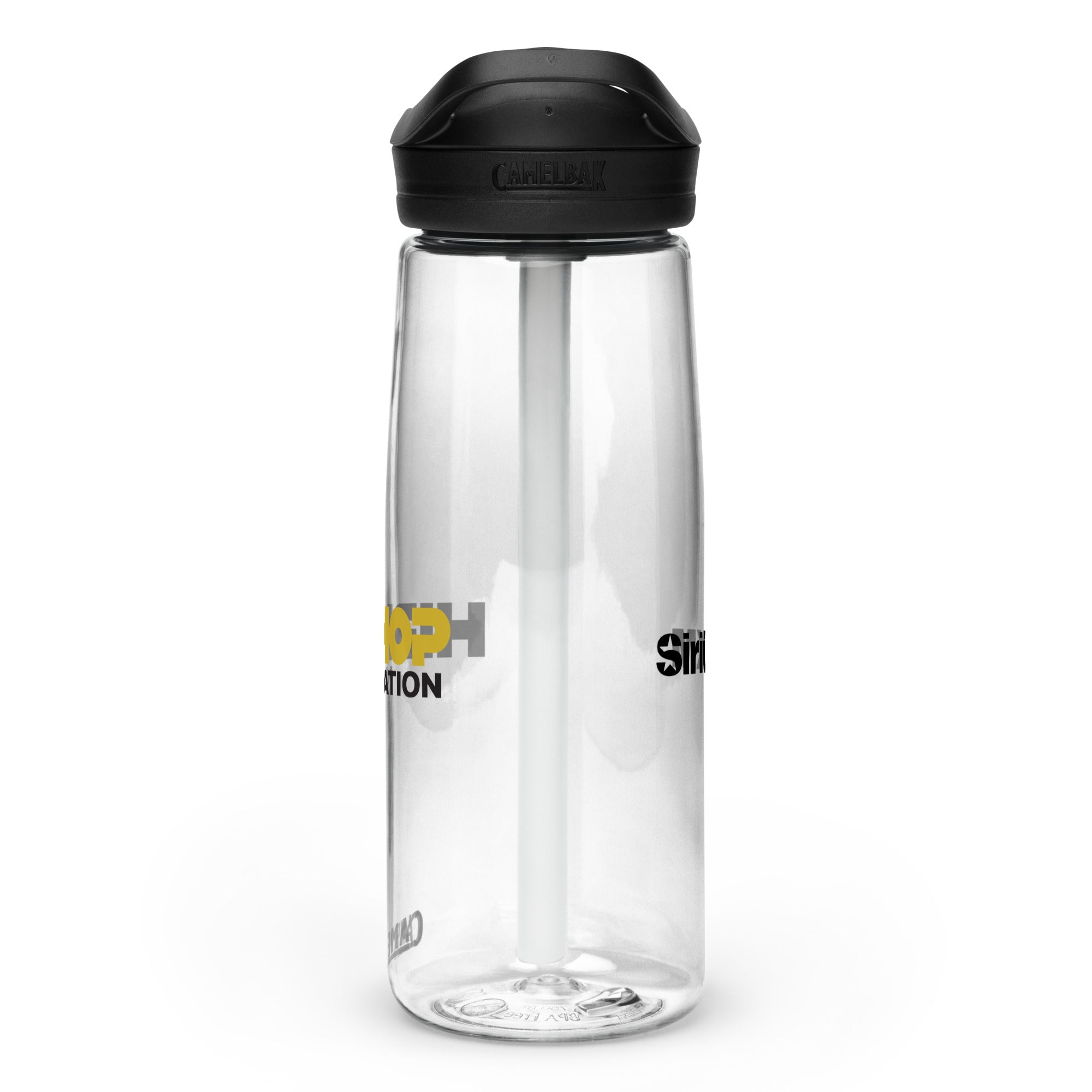 Right side view of clear water bottle with partial view front and back logos and 'CamelBak®' logo engraved into black lid.