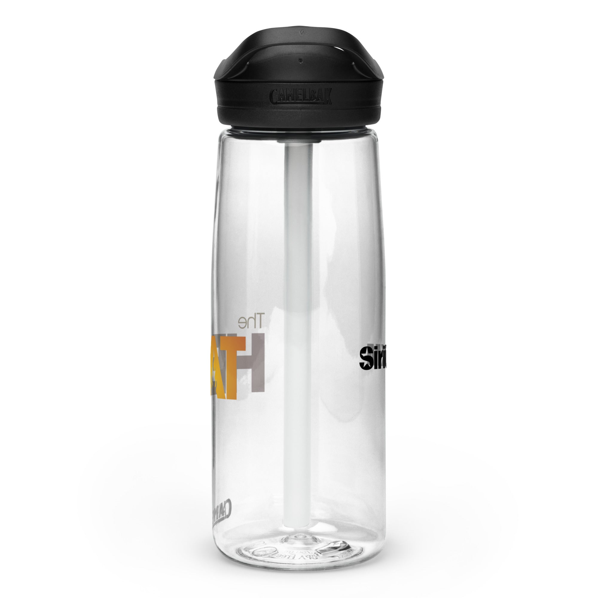 Right side view of clear water bottle with partial view front and back logos and 'CamelBak®' logo engraved into black lid.