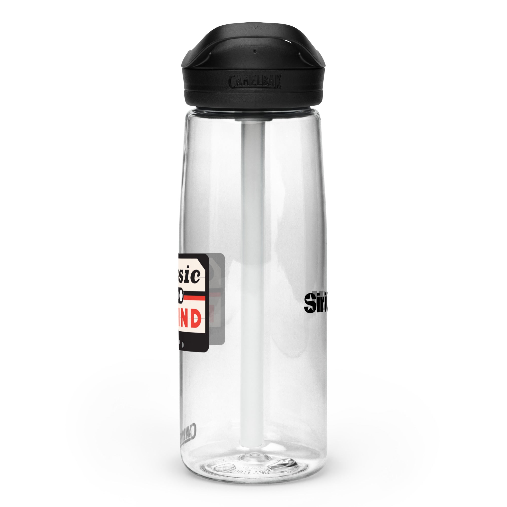 Right side view of clear water bottle with partial view front and back logos and 'CamelBak®' logo engraved into black lid.