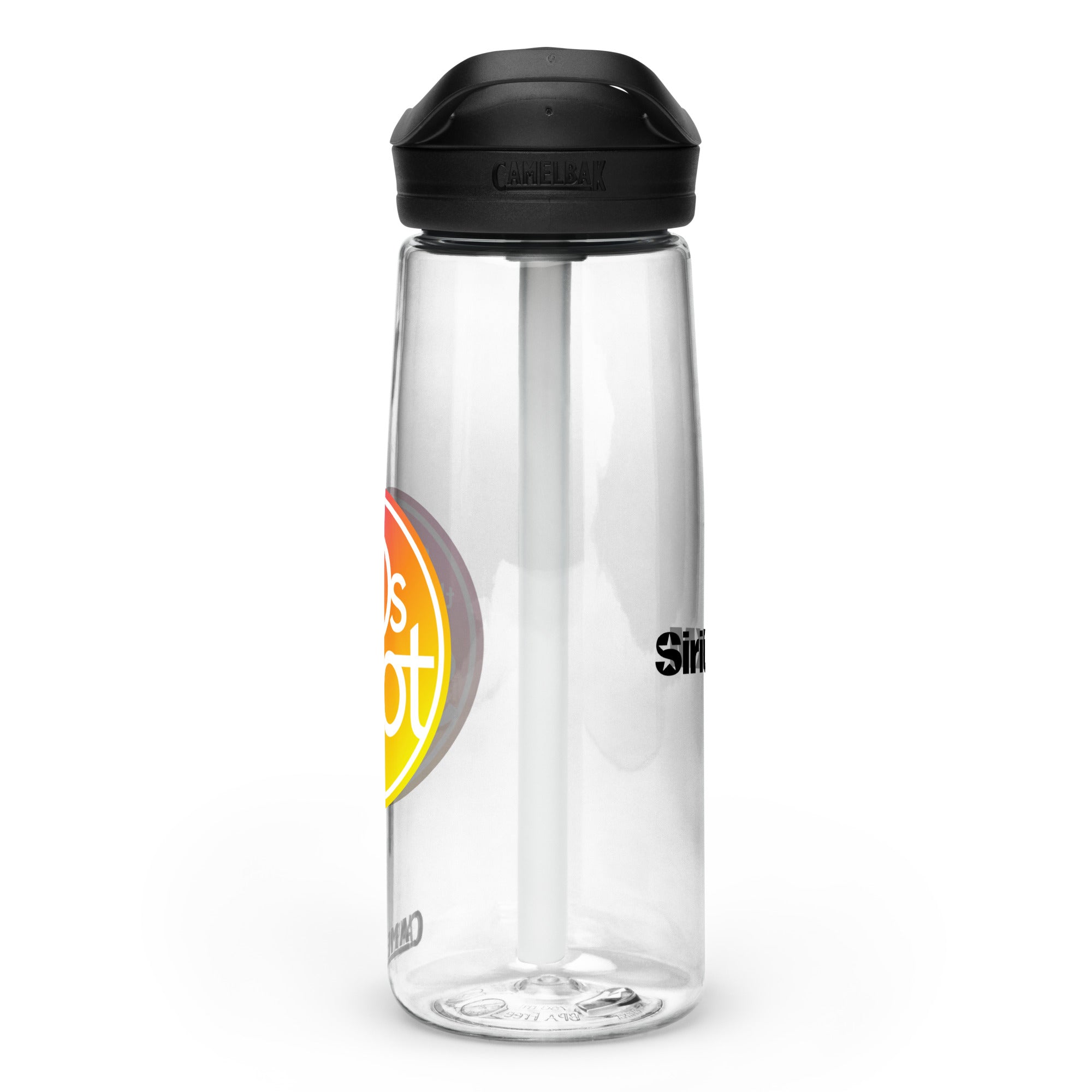 Right side view of clear water bottle with partial view front and back logos and 'CamelBak®' logo engraved into black lid.