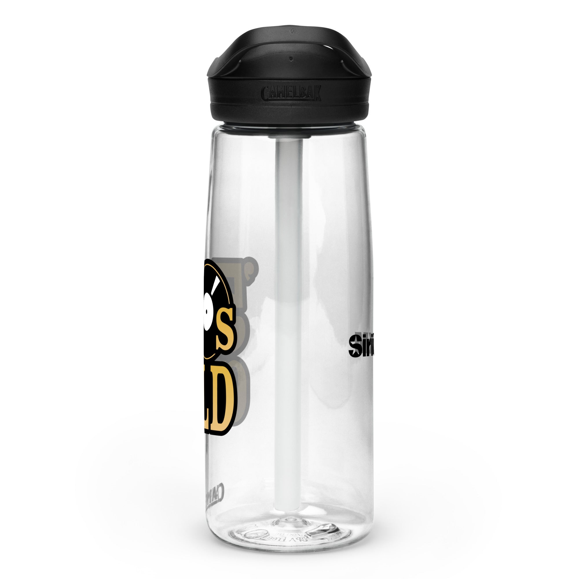 Right side view of clear water bottle with partial view front and back logos and 'CamelBak®' logo engraved into black lid.