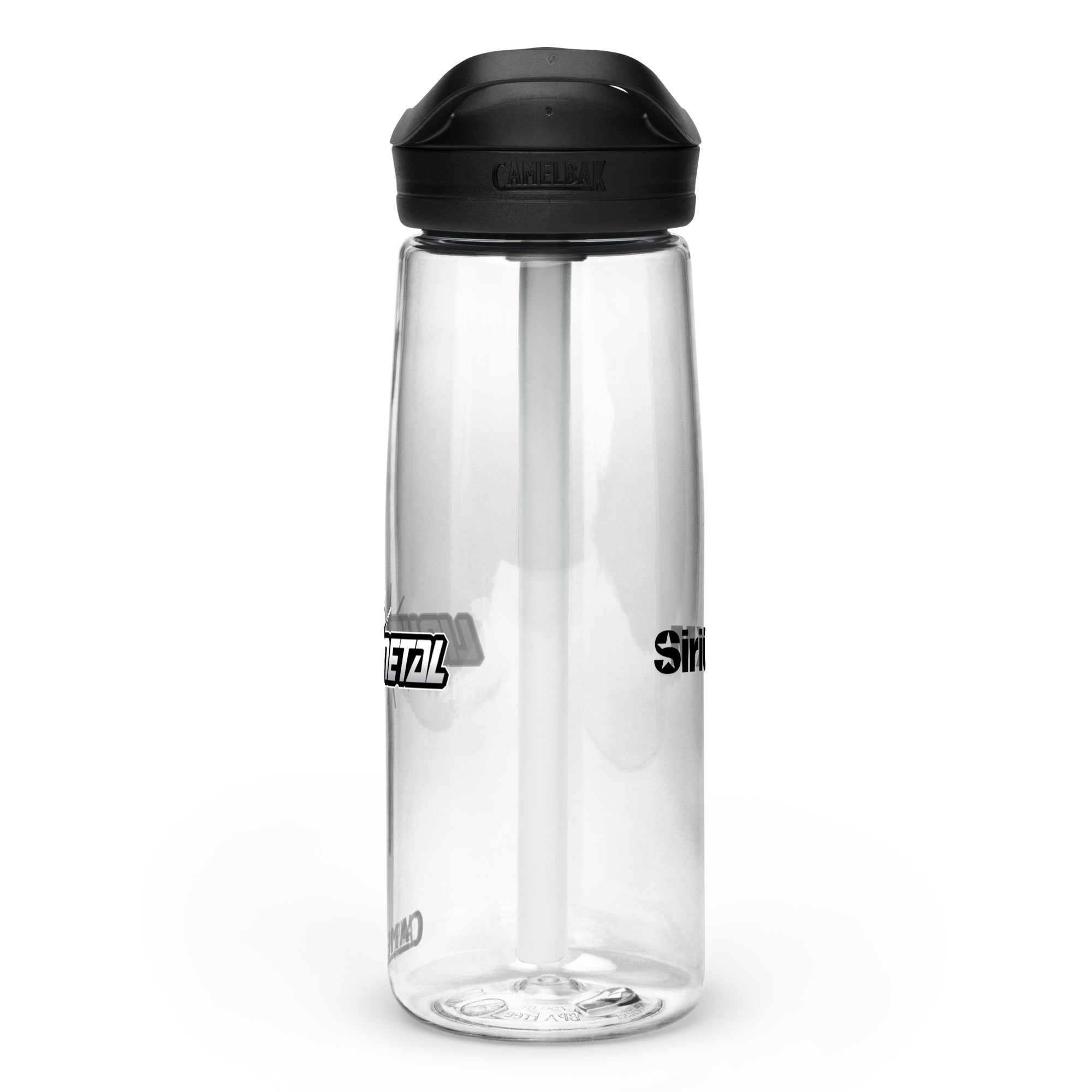 Right side view of clear water bottle with partial view front and back logos and 'CamelBak®' logo engraved into black lid.