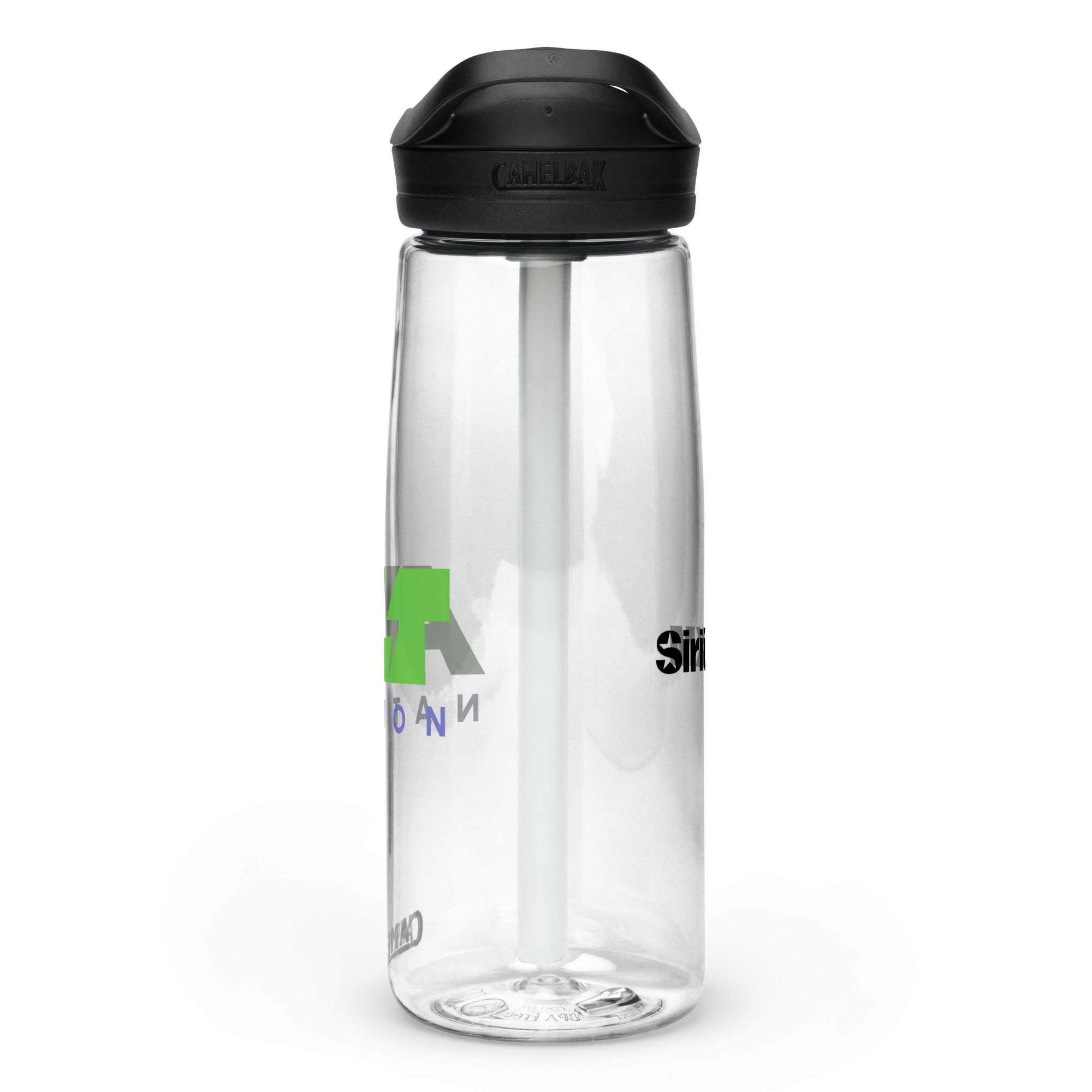 Right side view of clear water bottle with partial view front and back logos and 'CamelBak®' logo engraved into black lid.