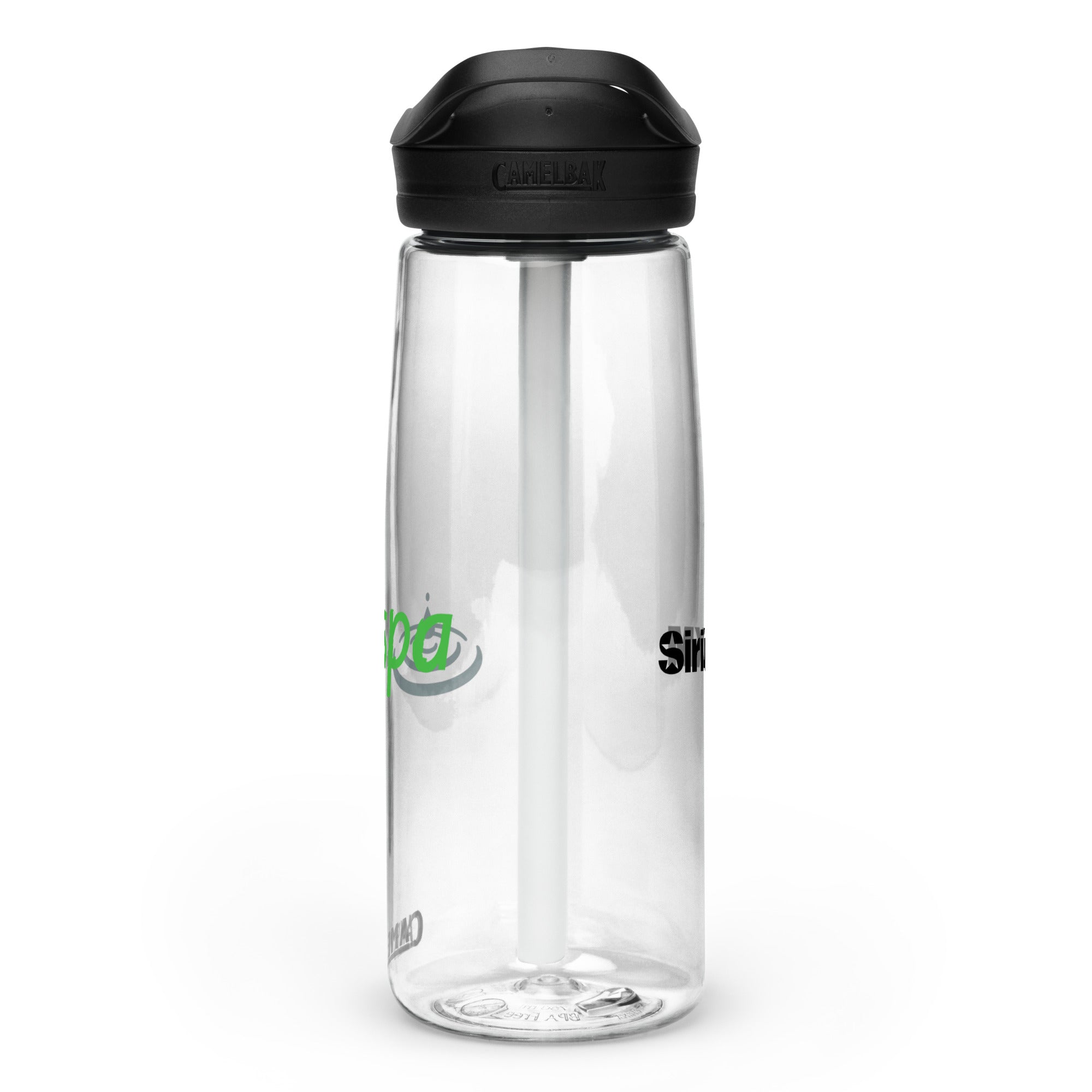Right side view of clear water bottle with partial view front and back logos and 'CamelBak®' logo engraved into black lid.
