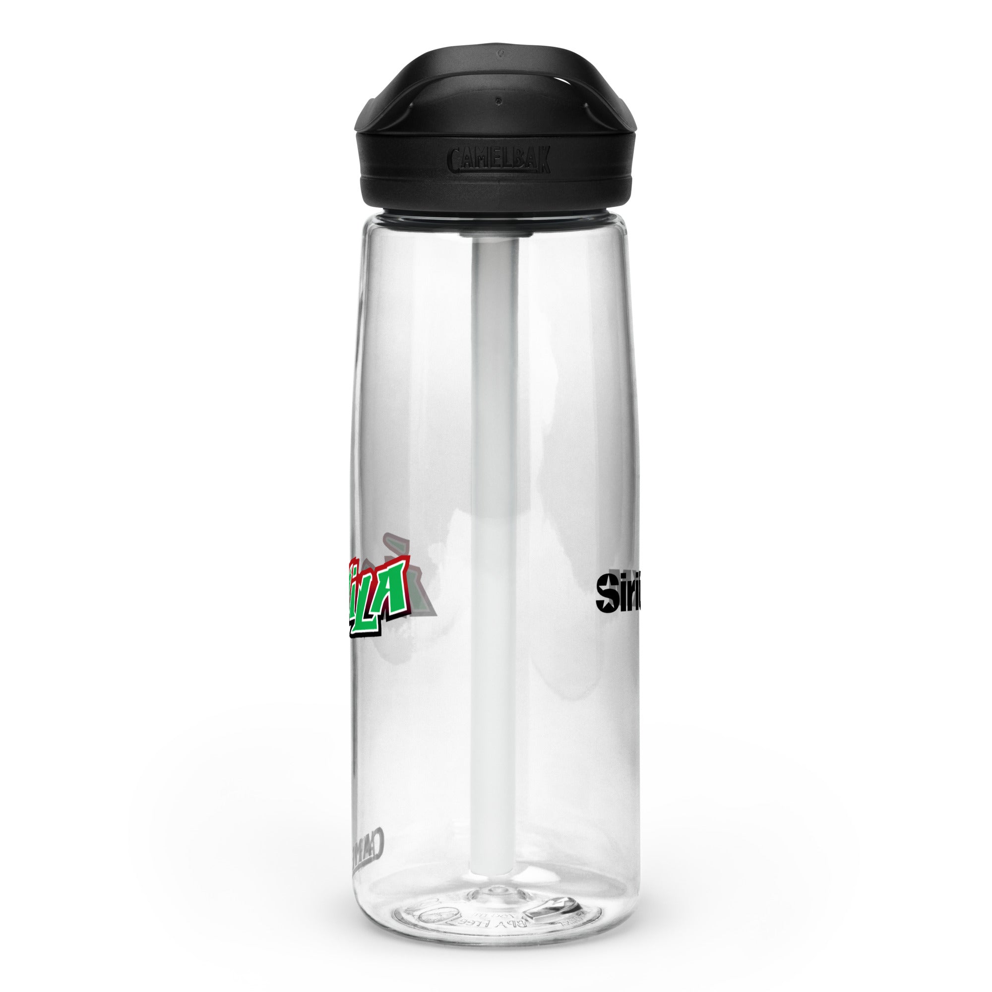 Right side view of clear water bottle with partial view front and back logos and 'CamelBak®' logo engraved into black lid.