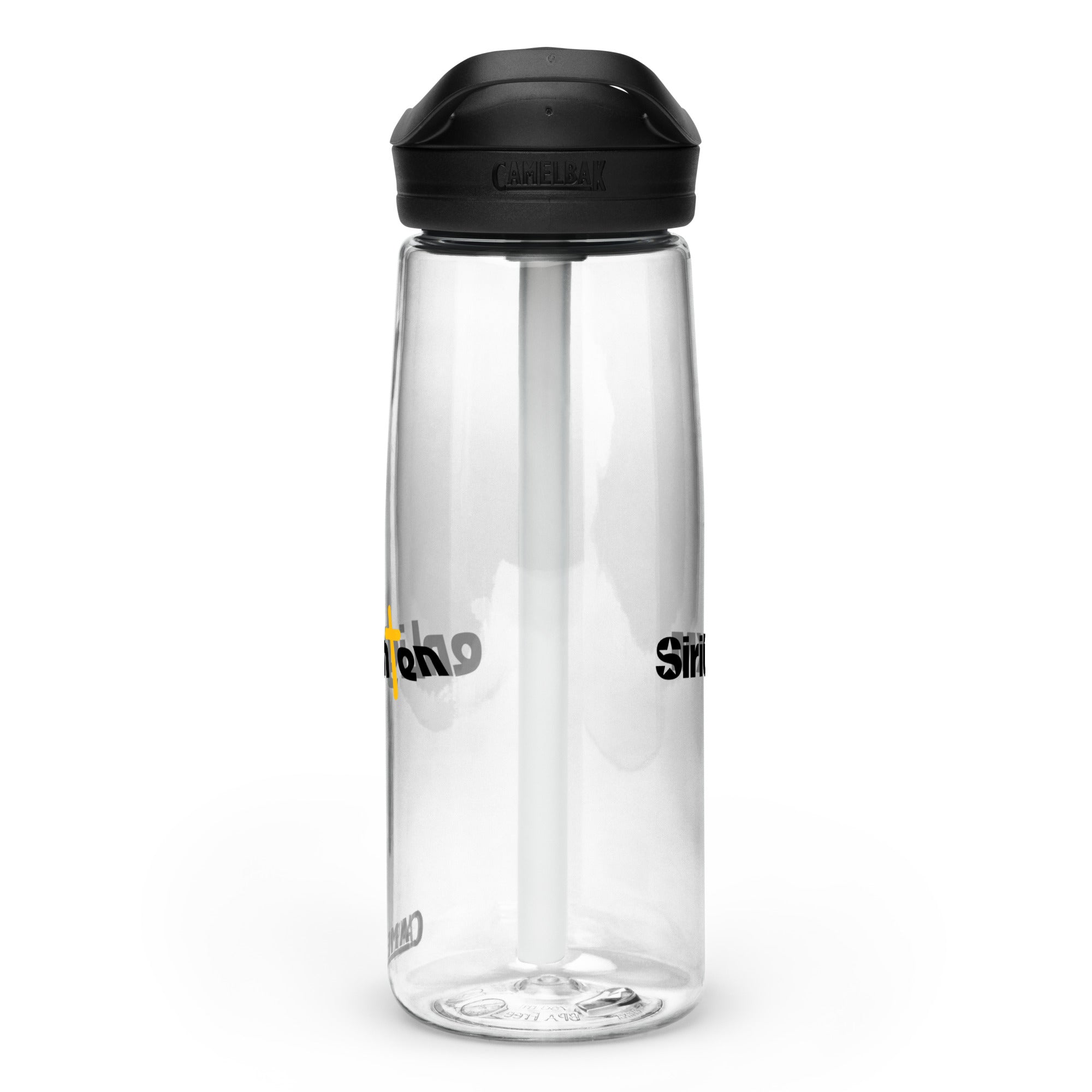 Right side view of clear water bottle with partial view front and back logos and 'CamelBak®' logo engraved into black lid.
