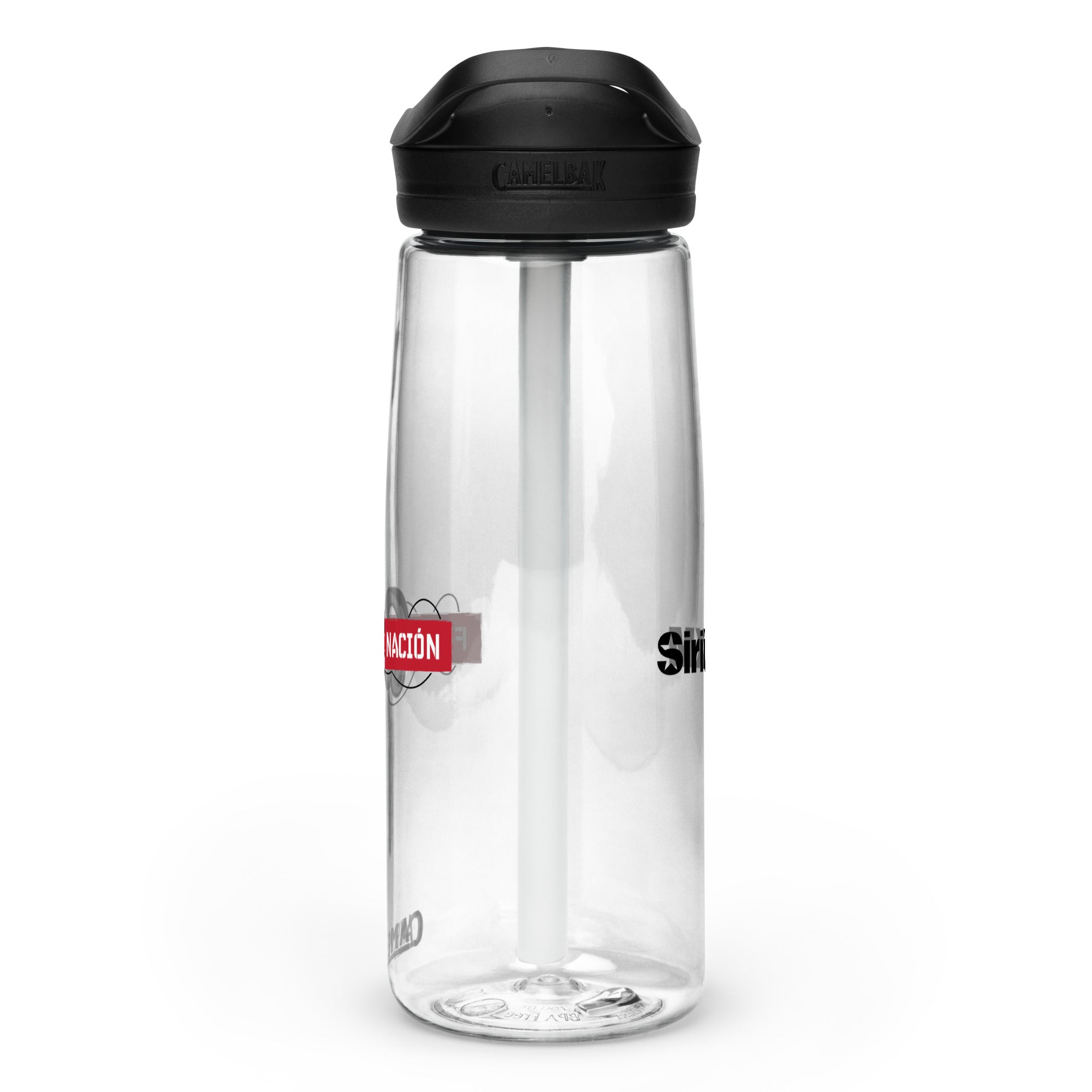 Right side view of clear water bottle with partial view front and back logos and 'CamelBak®' logo engraved into black lid.