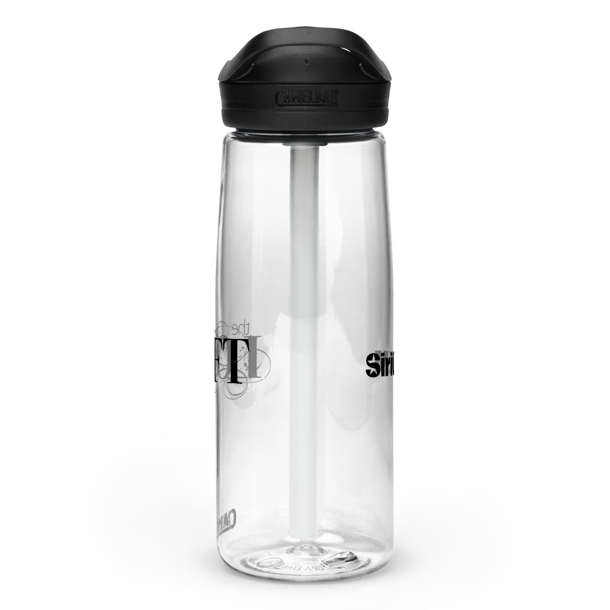 Right side view of clear water bottle with partial view front and back logos and 'CamelBak®' logo engraved into black lid.