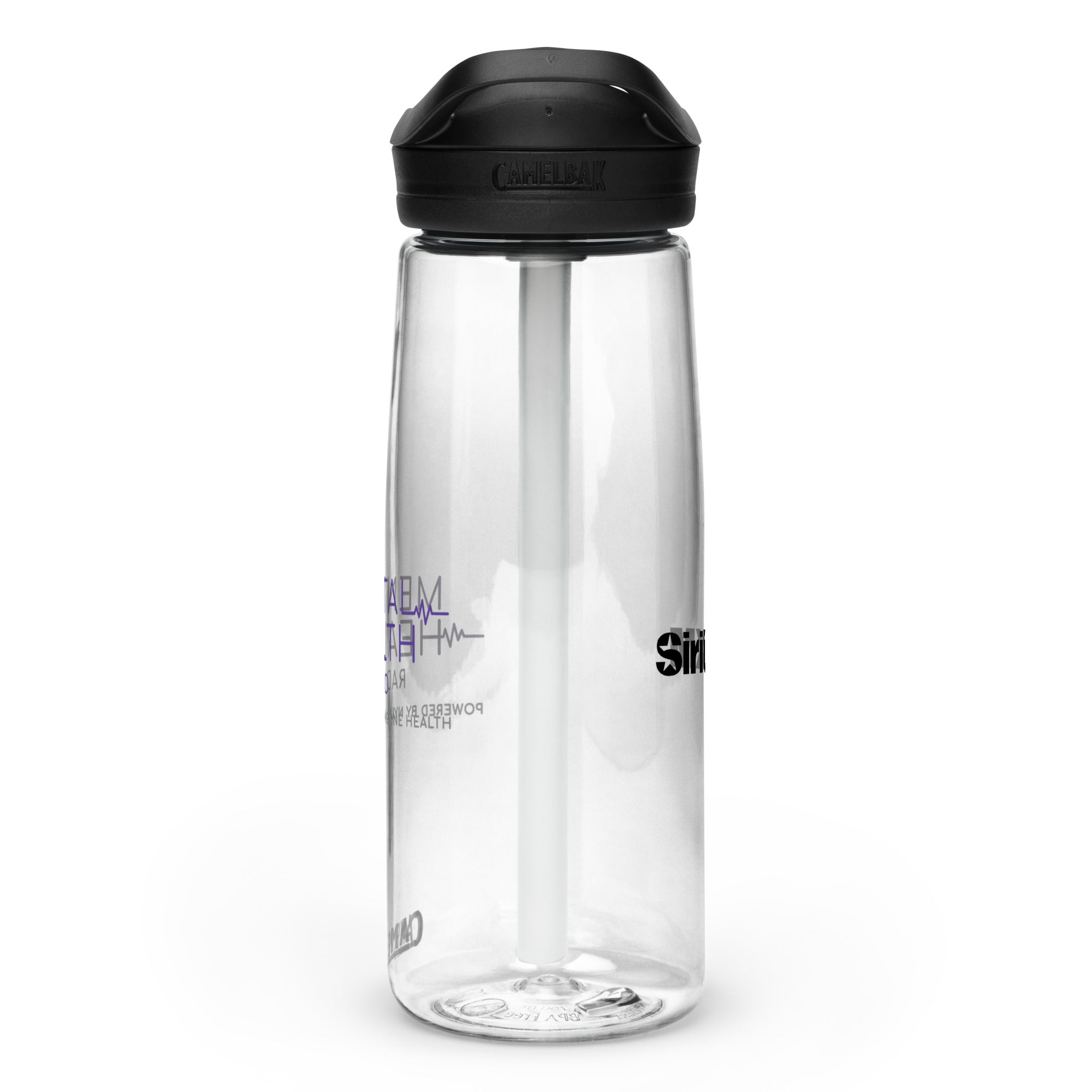 Right side view of clear water bottle with partial view front and back logos and 'CamelBak®' logo engraved into black lid.