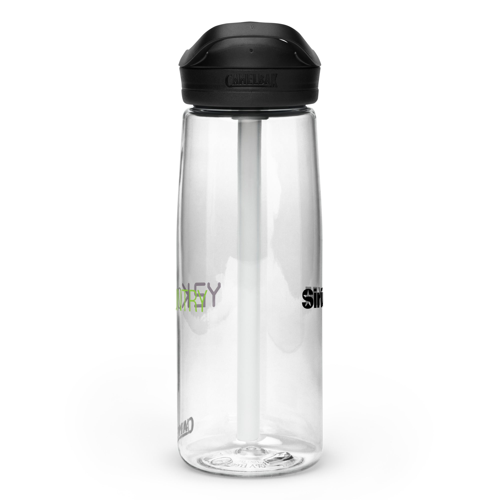 Right side view of clear water bottle with partial view front and back logos and 'CamelBak®' logo engraved into black lid.