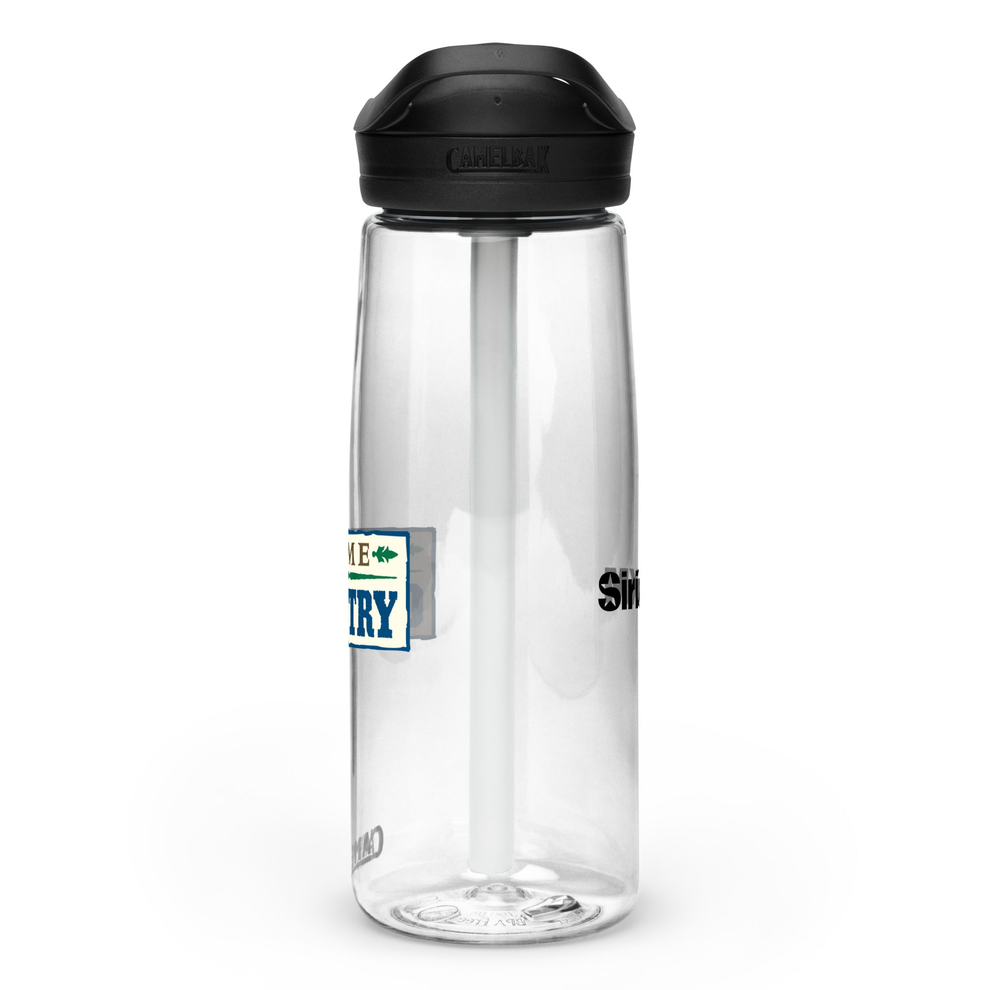 Right side view of clear water bottle with partial view front and back logos and 'CamelBak®' logo engraved into black lid.